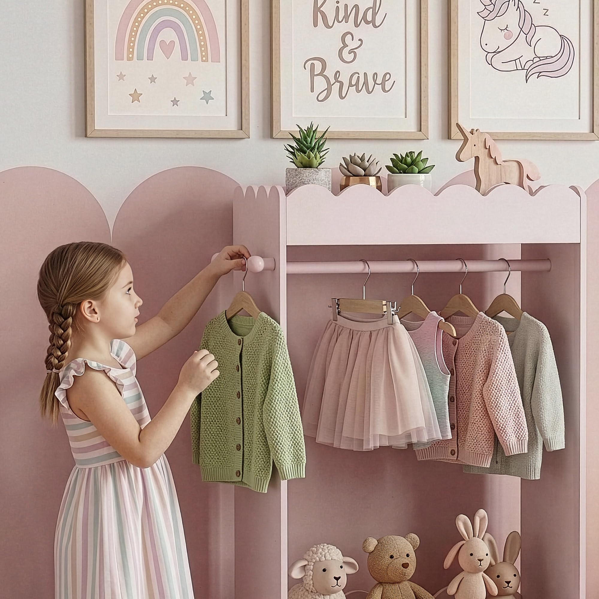 [en.casa] Vestnes wieszak na ubrania dla dzieci z lustrem i drążkiem na ubrania 120 x 63 x 38 cm, wieszak na ubrania z 3 haczykami, wzór falisty Cotton Candy