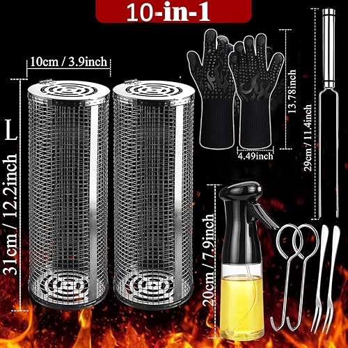 Miniatura 37 de Cestas de parrilla con ruedas para parrilla al aire libre, tubo de red de barbacoa de acero inoxidable, accesorios grandes de malla redonda, jaula