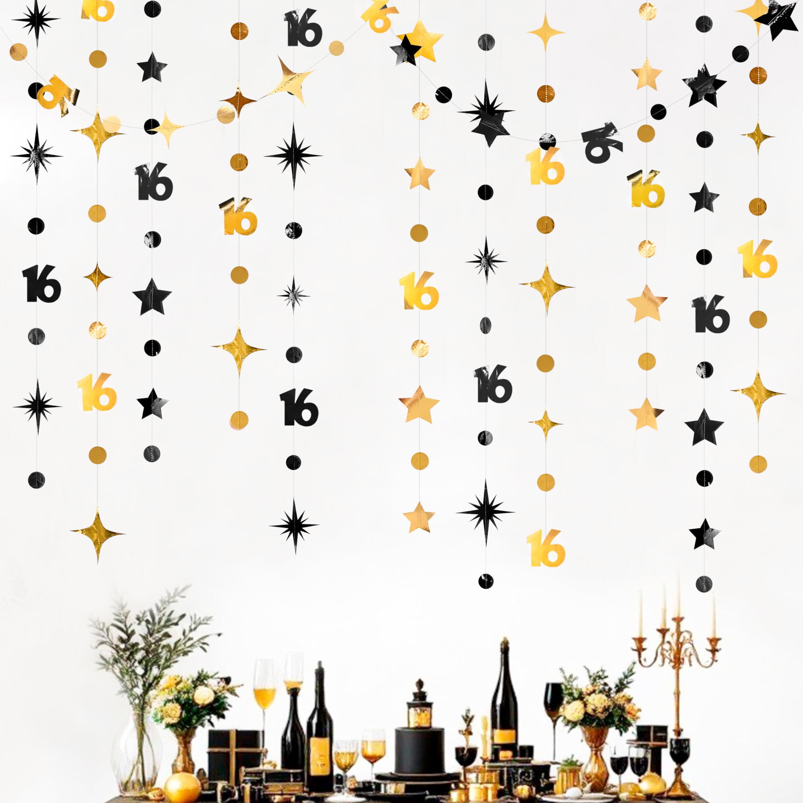 Black Gold 16th Birthday Decorations Garland Set