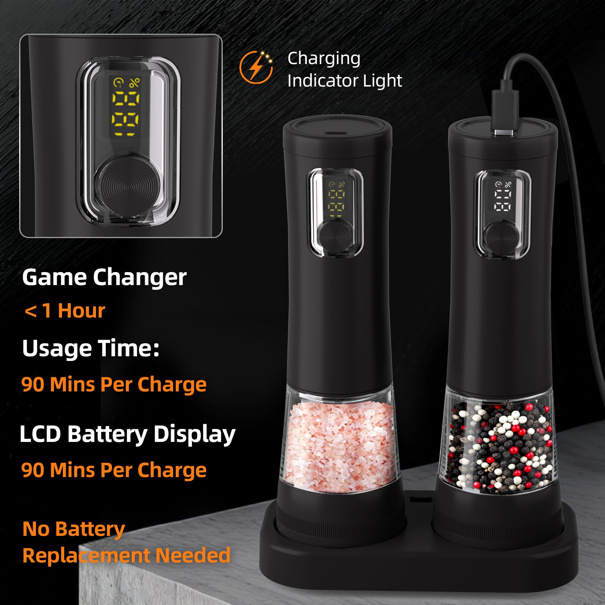 Juego de molinillos eléctricos de sal y pimienta, paquete de 2 molinillos de pimienta automáticos recargables con grosor ajustable de 5 niveles, pantalla, iluminación LED, gran capacidad, regalos de