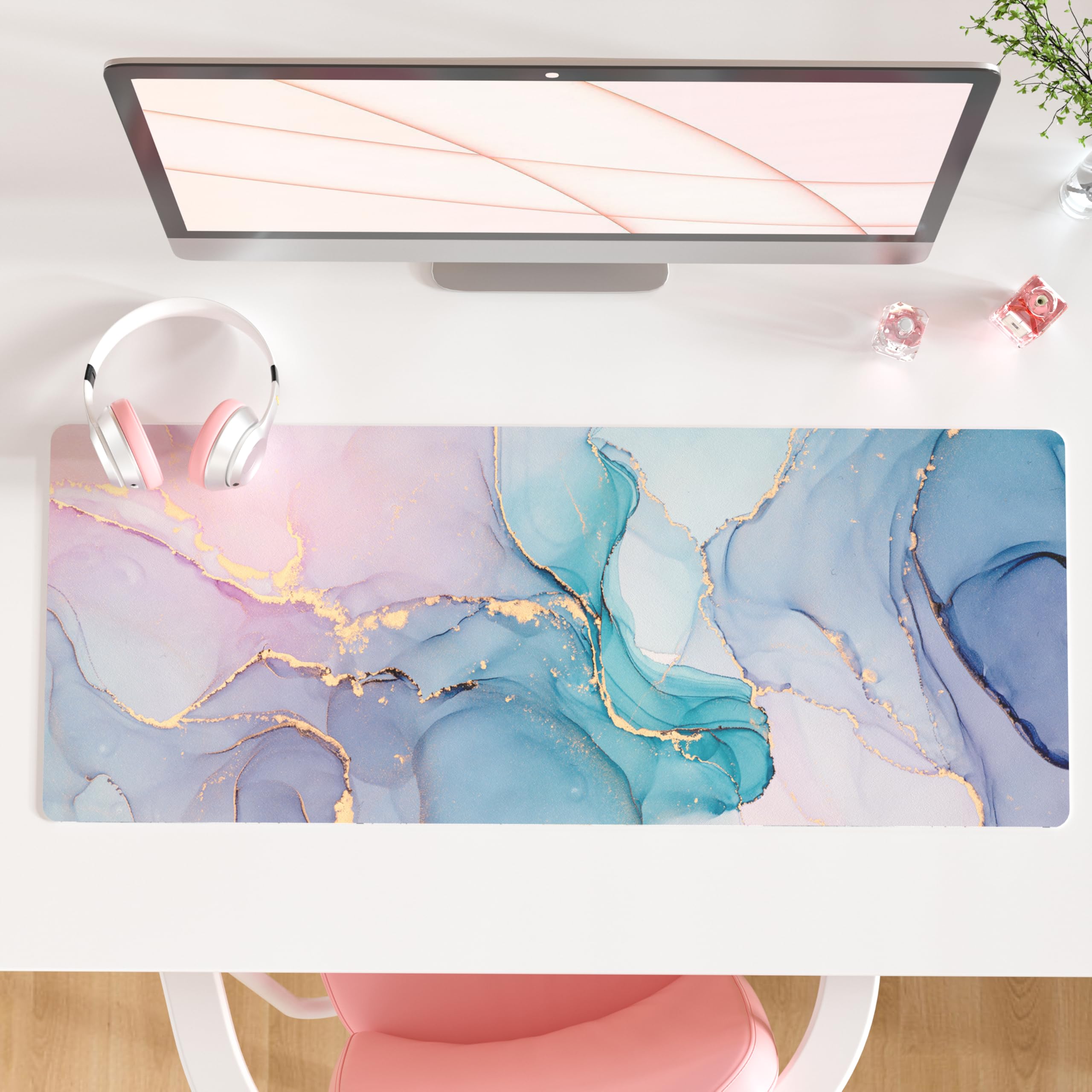 QiyI Large Mouse Pad, PU Leather Desk Mat for Desktop, Waterproof Gaming Pad, Marble Full Desk Accessories Keyboard Mousepad, Abstract Art Home Office