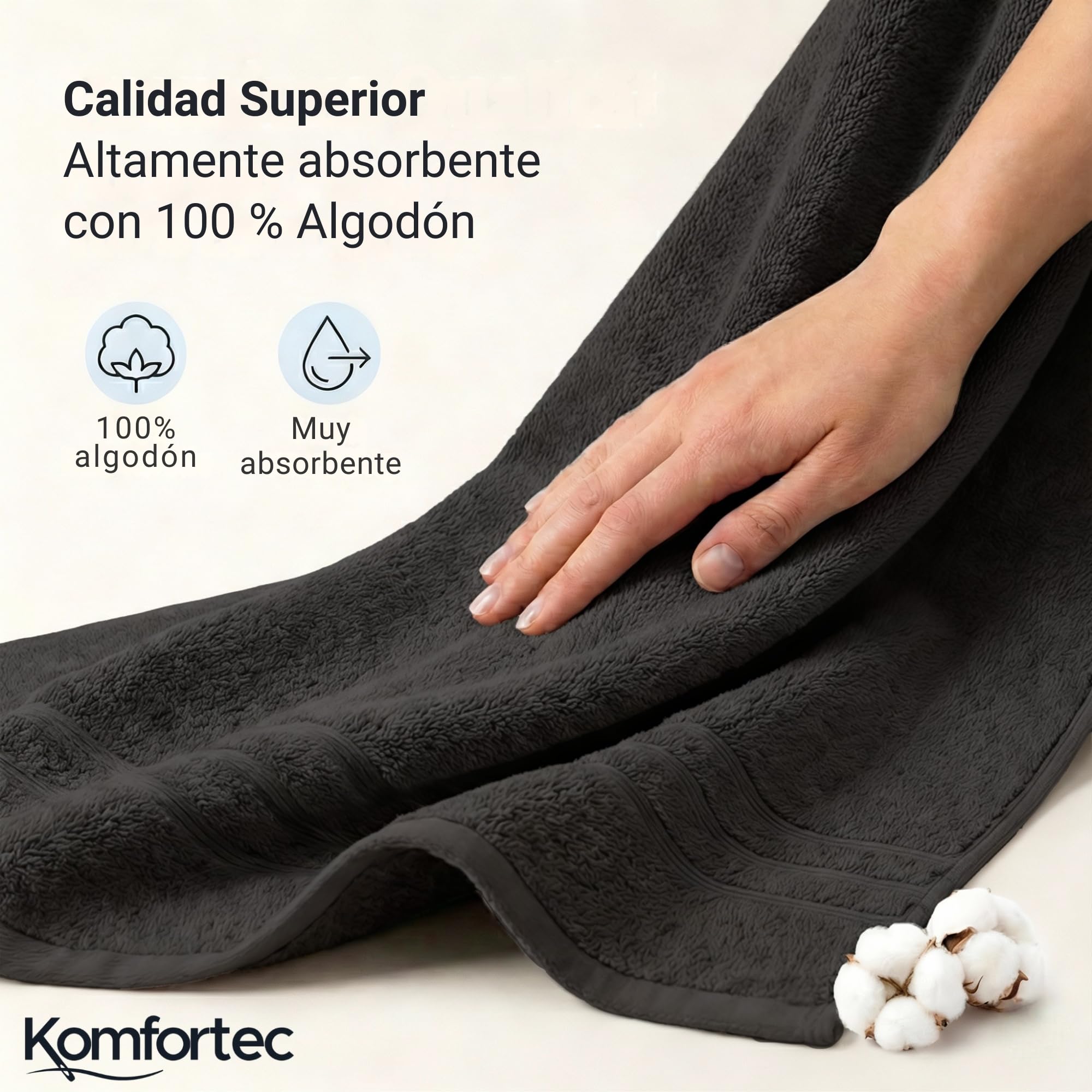 Komfortec Juego de 8 Toallas 100% Algodón | 4 Toallas de Baño 70 x 140 cm y 4 Toallas de Lavabo 50 x 100 cm – Juego de Toallas Suaves y Absorbentes – Negro