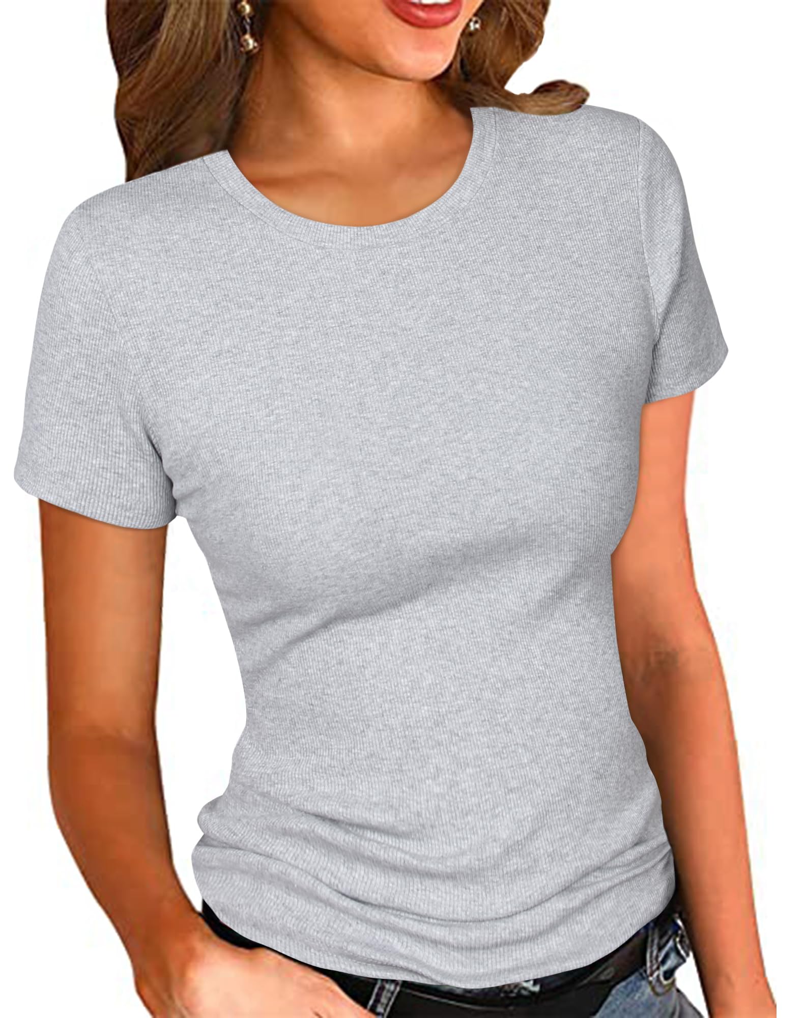 Women's Crew Neck Ribbed Fitted Shirt Basic Short Sleeves Summer T Shirt Tops