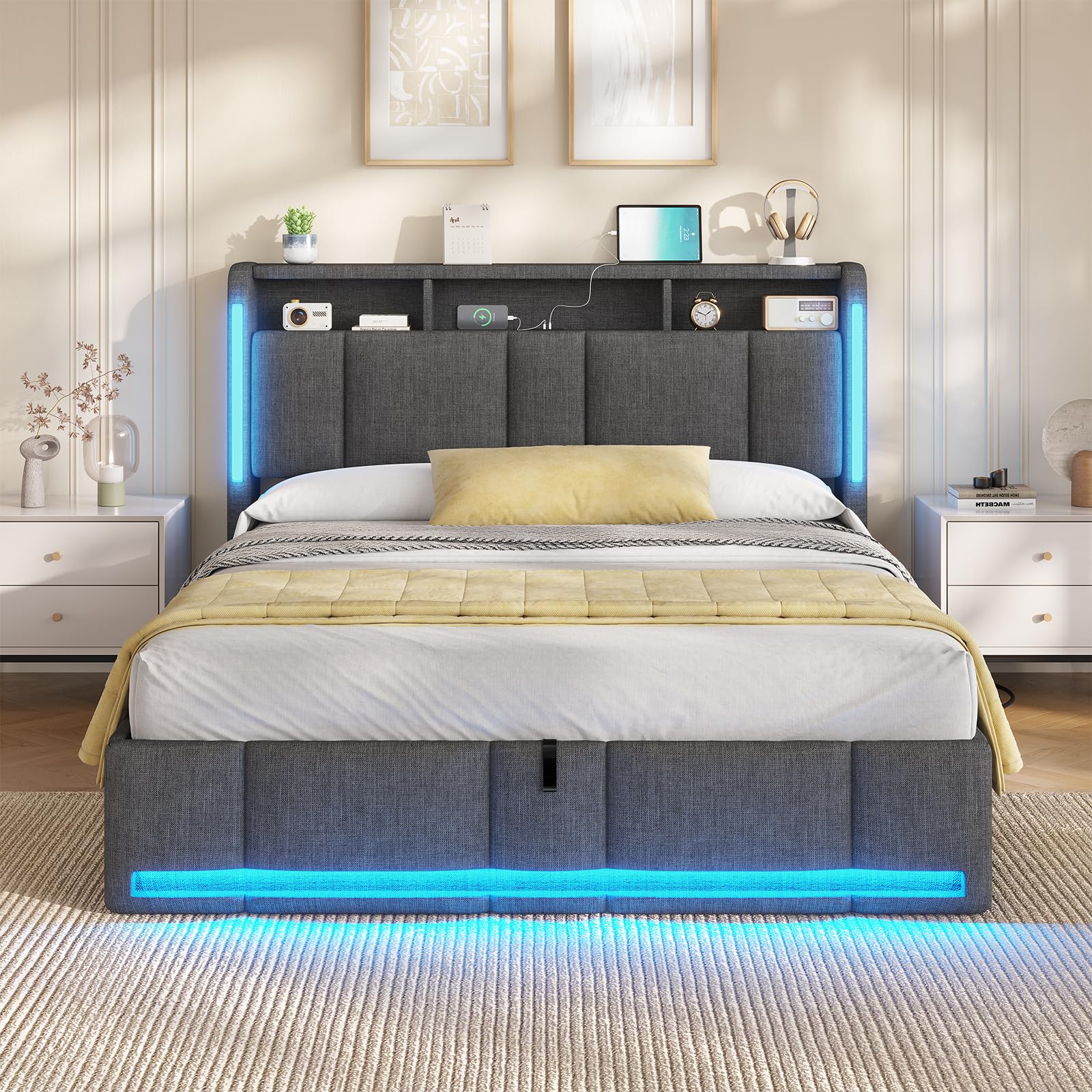 AOGLLATI Lit Coffre Hydraulique 140x190 avec Éclairage LED & Prise,Tête de lit capitonné avec Étagères Ouvertes et Rangement Caché, Lit 2 Personnes avec Sommier à Lattes, Lin Gris Foncé(sans Matelas)