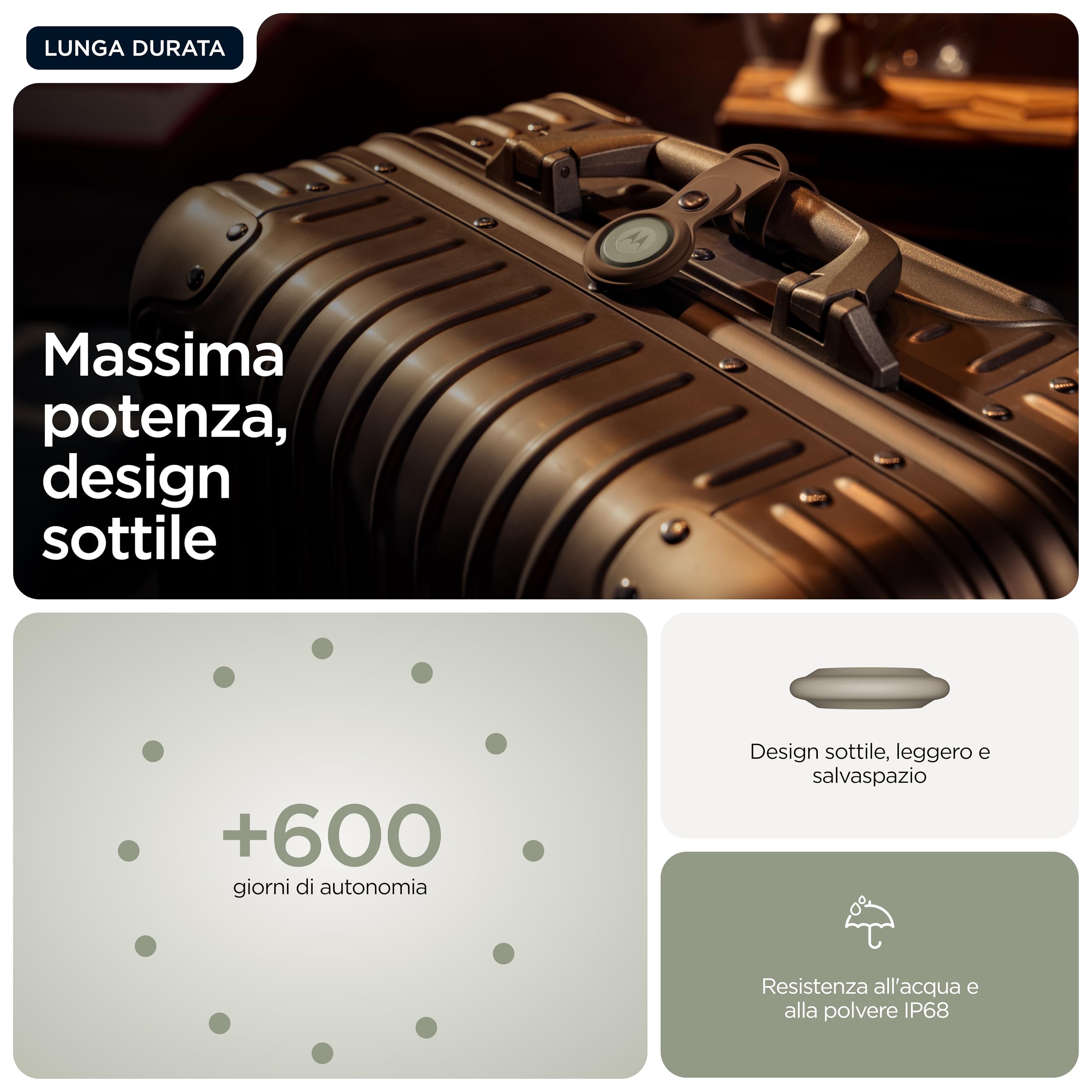 Motorola Moto Tag 2, Tracker Android™, Bluetooth Channel Sounding + UWB, Protezione IP68, Batteria Lunga Durata, Pantone Laurel Oak