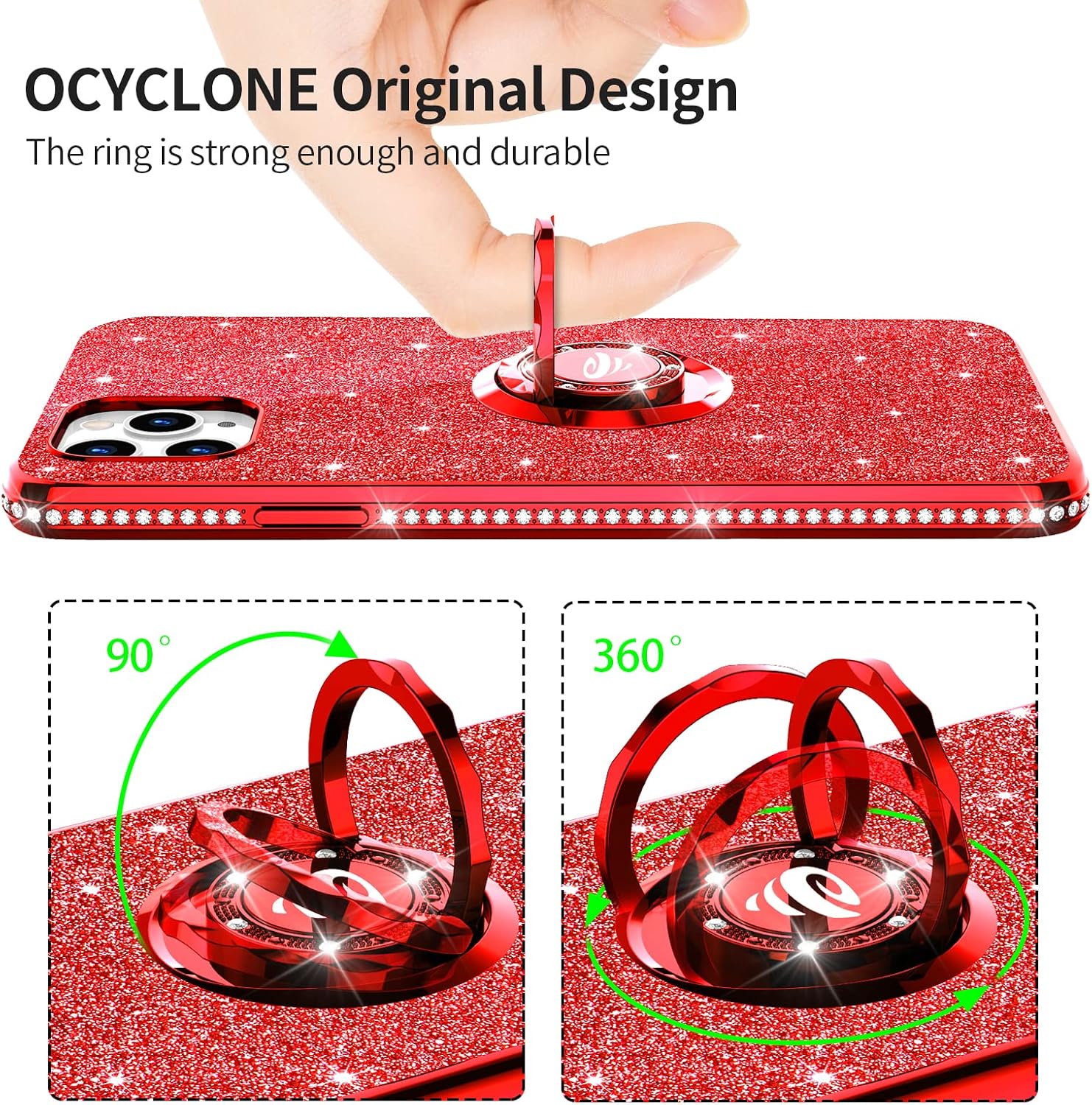 OCYCLONE for iPhone 11 Pro Max Case, Sparkle Glitter Diamond Bumper Case with Ring Stand Protective Phone Case for Women Girls Compatible with iPhone 11 Pro Max 6.5 inch - Red