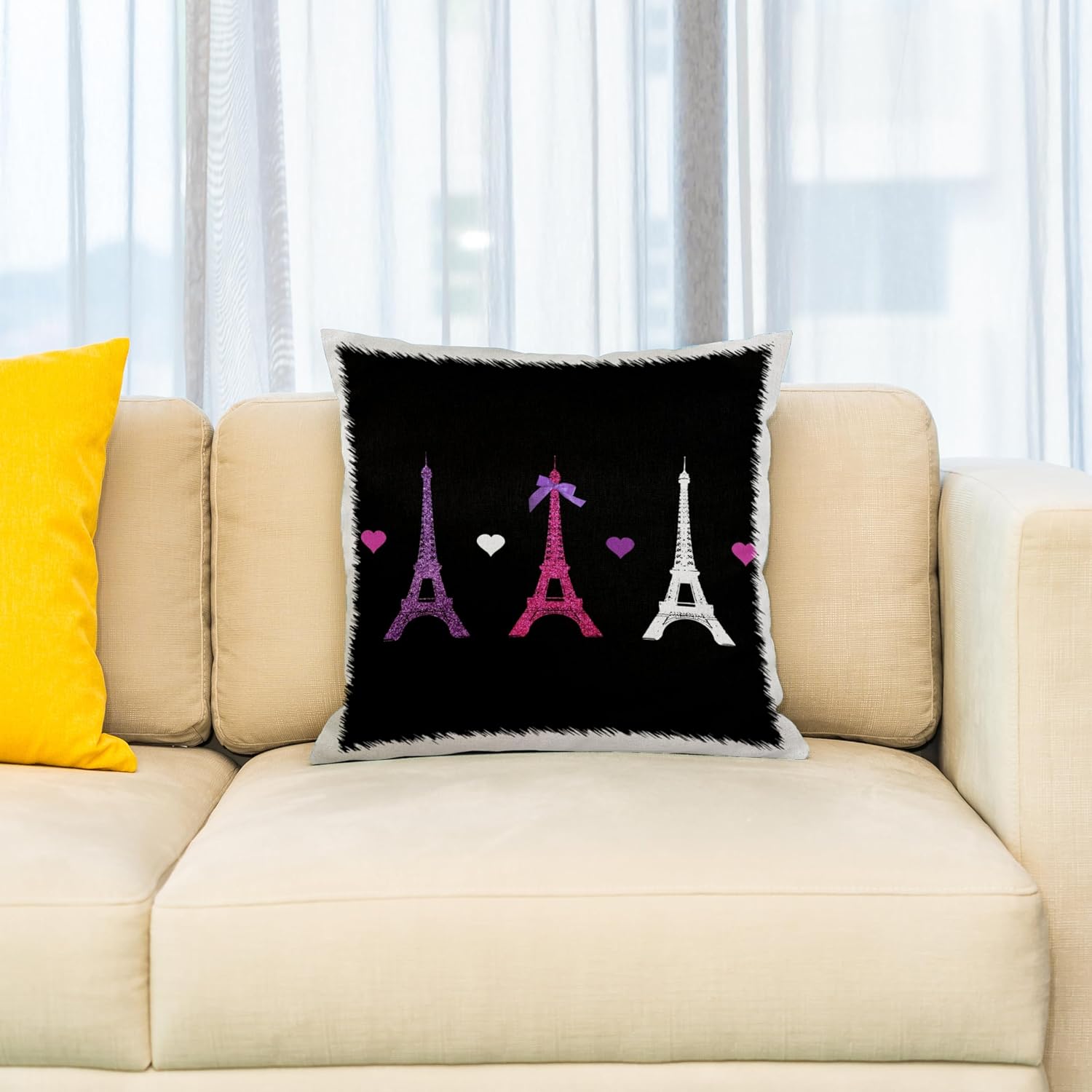 3dRose Girly Eiffel Tower - hot pink purple black Paris towers love hearts stylish French modern France - Pillow Case, 16 by 16-inch (pc_113151_1)