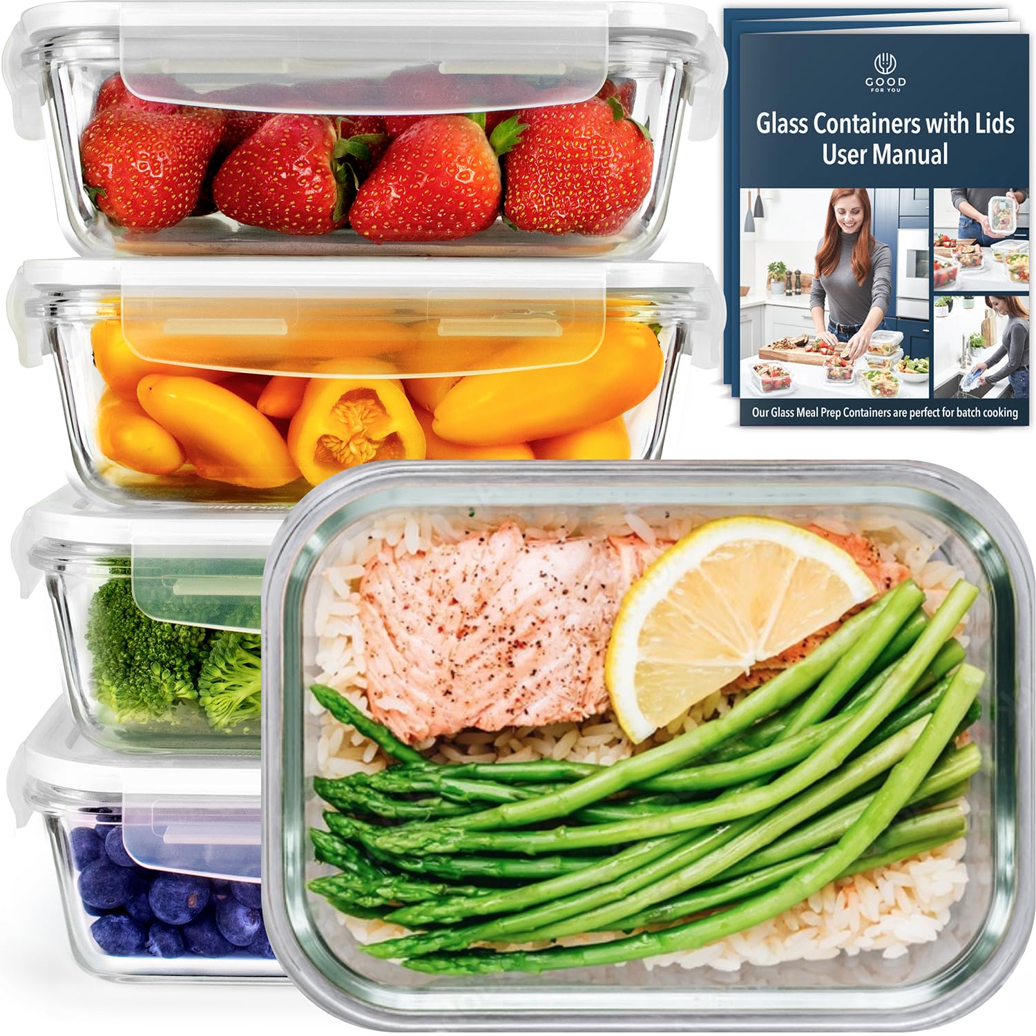 Glass food storage containers with lids - 5 Pack - glass meal prep containers, airtight Lunch Box for Kitchen Storage & Organisation - 850ml / 28oz