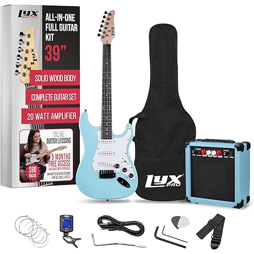 LyxPro 39 inch Electric Guitar Kit Bundle with 20w Amplifier, All Accessories, Digital Clip On Tuner, Six Strings, Two Picks, Tremolo Bar, Shoulder Strap, Case Bag Starter kit Full Size - Retro Blue