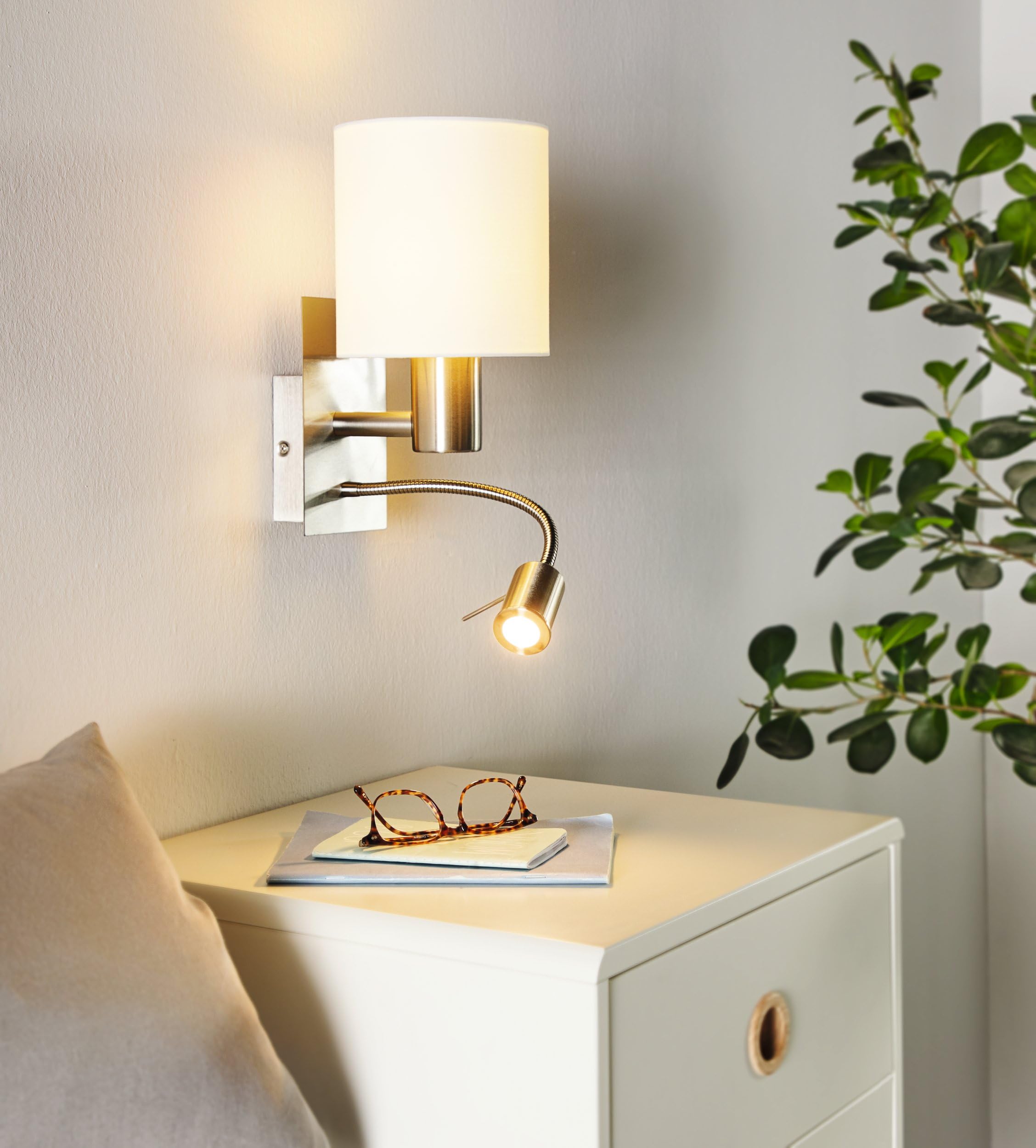 Eglo Lampada da parete a Led Pasteri a due punti luce, acciaio, tessuto, nichel opaco, bianco, E27, incl interruttore e luce di lettura flessibile