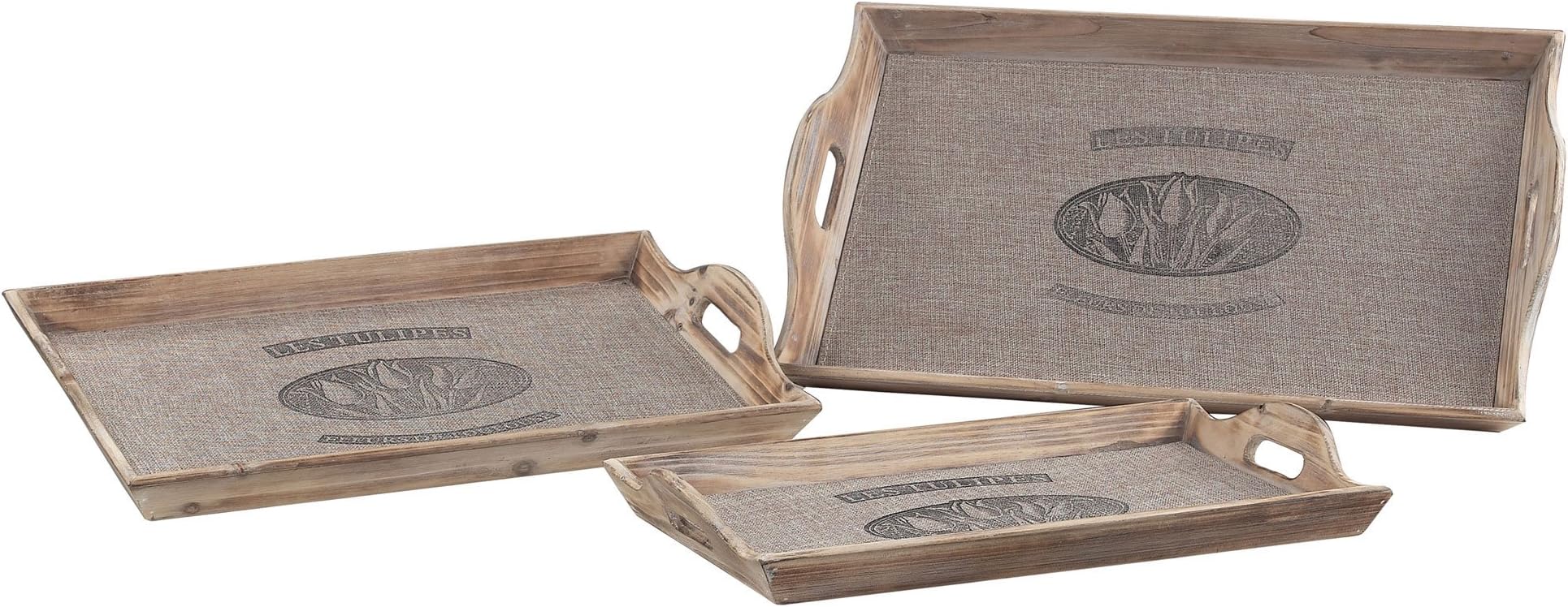 Sterling 89-8002/S3 French Country Wood Les Tulips Linen Covered Decorative Trays, Linen/Washed Pine, Set of 3