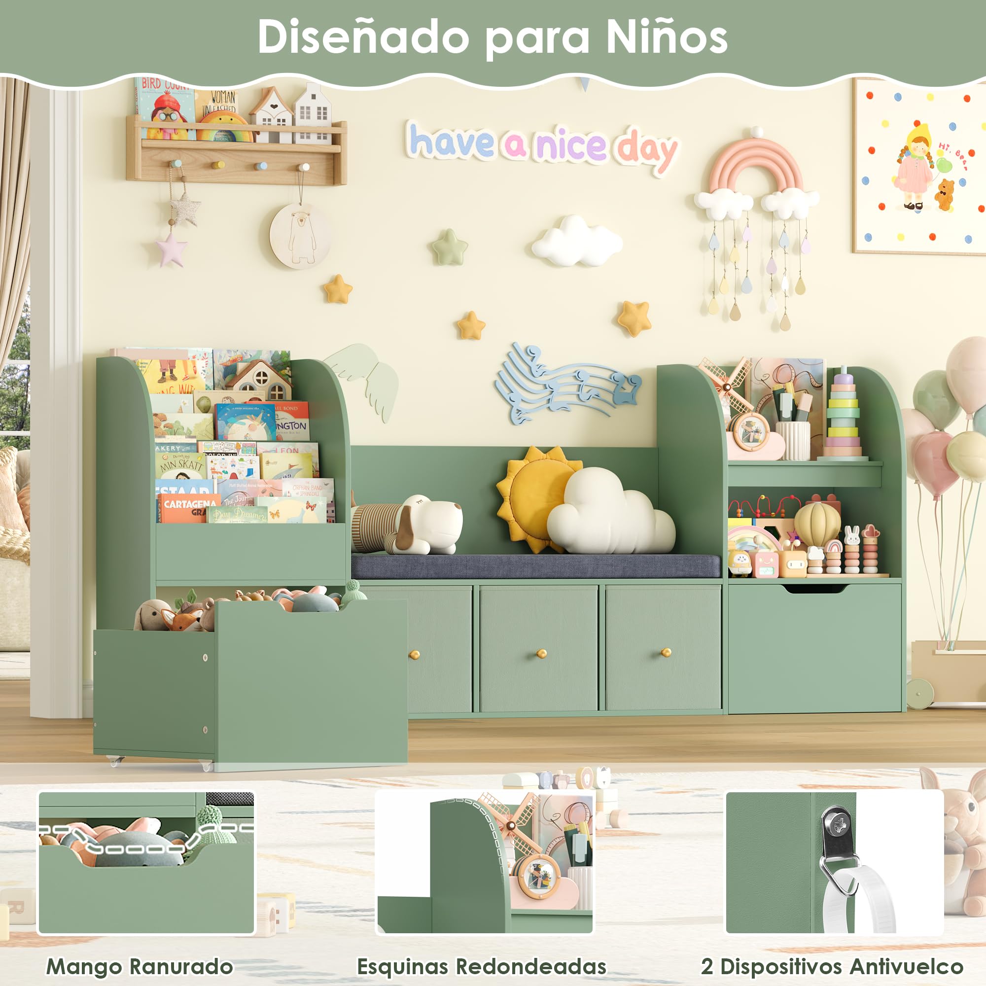FOREHILL 181cm Organizador de Juguetes con Banco Infantil y Cojín Acolchado | Librería Infantil de 4 Niveles, 5 Cajones, 2 Estantes Abiertos, Mueble de Organización para Habitación Infantil Verde
