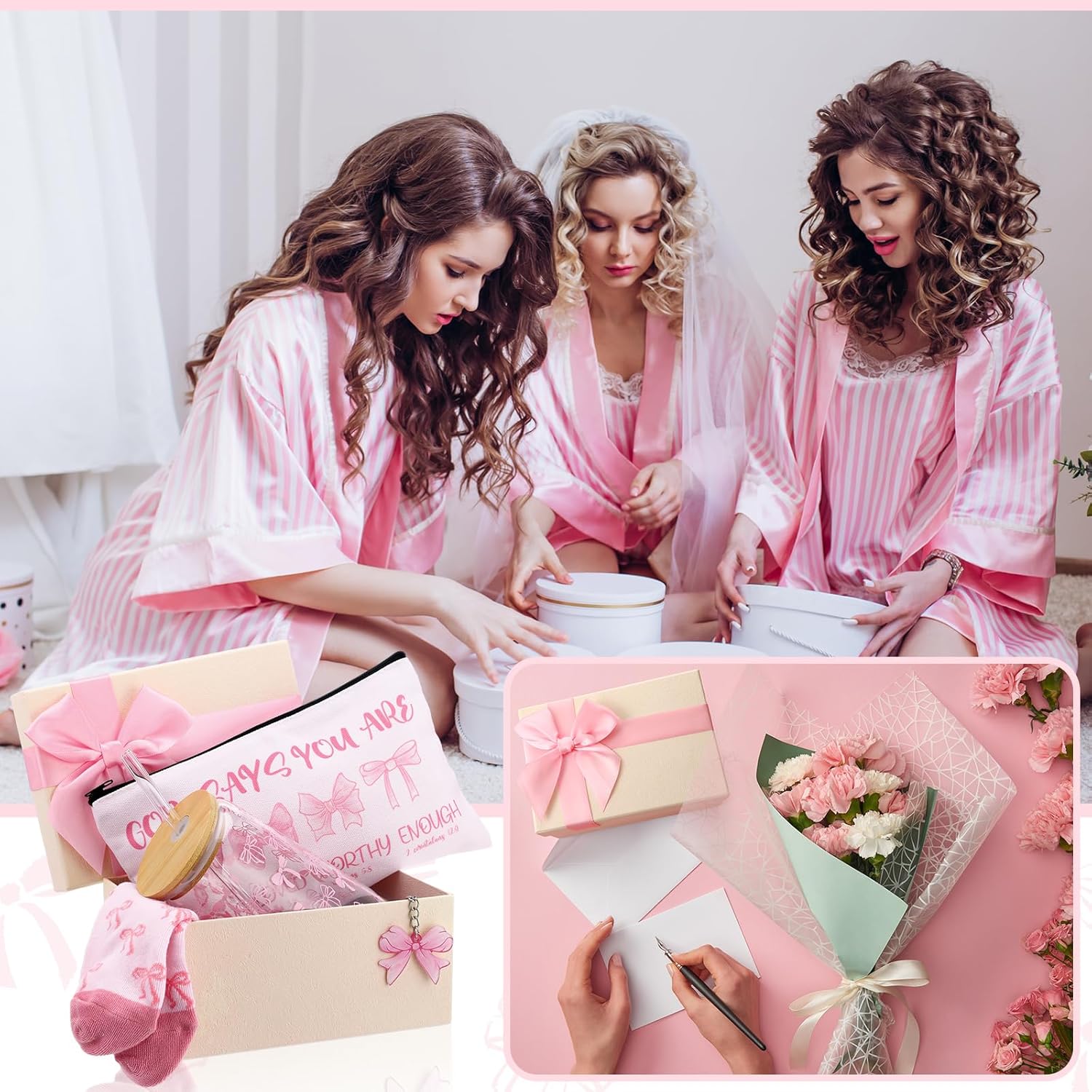 Boao 5 Pcs Pink Coquette Gift Set with Glass Cup, Socks, Cosmetic Bag Keychain Coquette Stuff Thank You Gift Box for Girls Women - Image 4