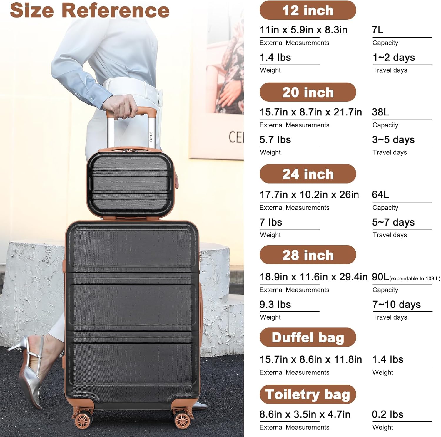 Kono Luggage Set 4 Piece Carry On Hardside Luggage with TSA Lock Spinner Wheels Lightweight PC+ABS Carry On Suitcase Apricot Black