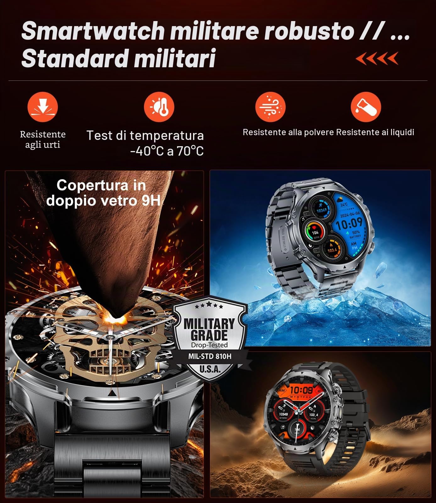 SUNKTA Orologio da uomo militare con batteria 800 mAh, torcia elettrica da 1,85" grande schermo, 107 modalità sportive, impermeabile IP68 frequenza cardiaca/SpO2/sonno Smartwatch per Android iOS