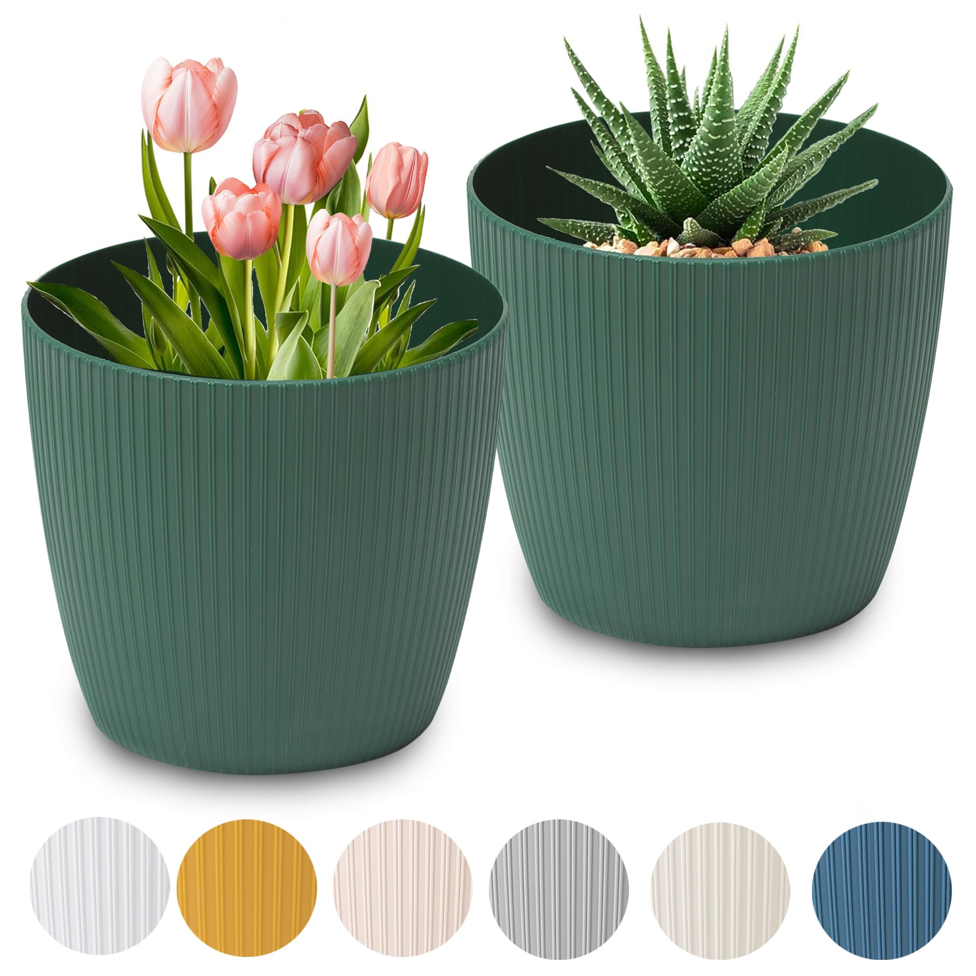 PECZEKO Matte Flower Pot, Plastic Planter, Decorative Pot for Large Plants, 2 x Flower Pot Set, Flower Pot Herb Pot, (2 Pack) Green, Diameter 22 cm