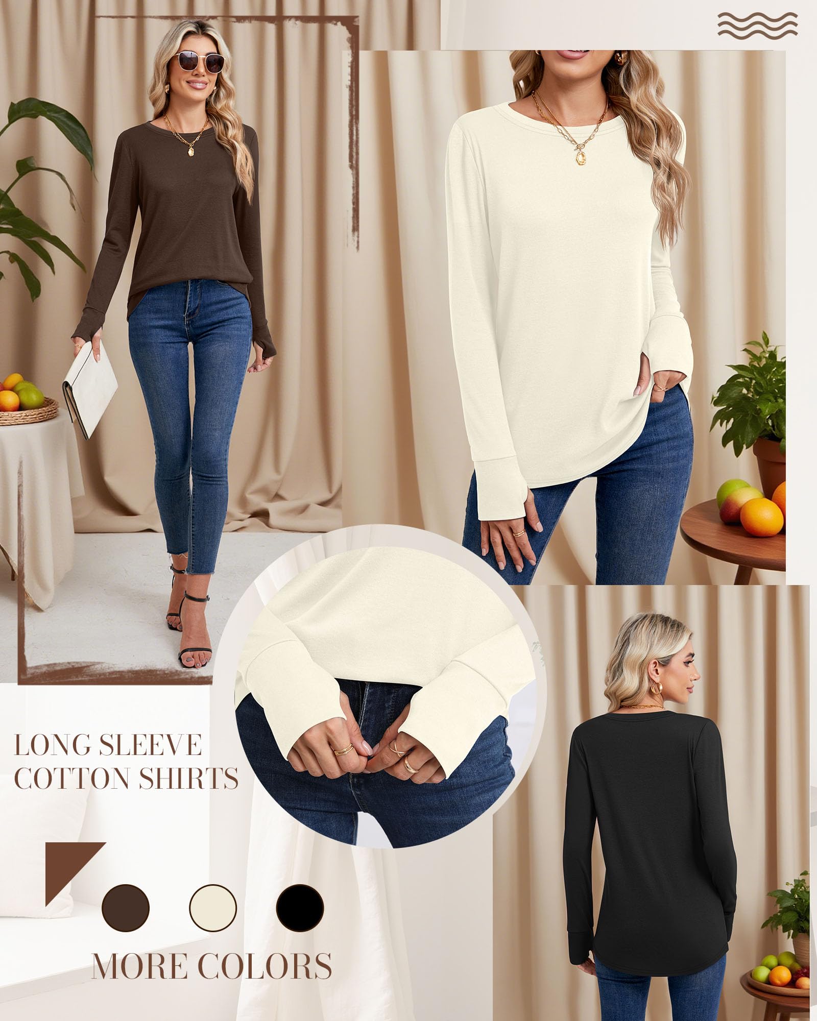 Geyoga 3er-Pack Damen Langarmshirts mit Daumenlöchern, Baumwoll-Casual-Crewneck-Tunika-Tops, Lockere Herbstmode im Y2K-Stil