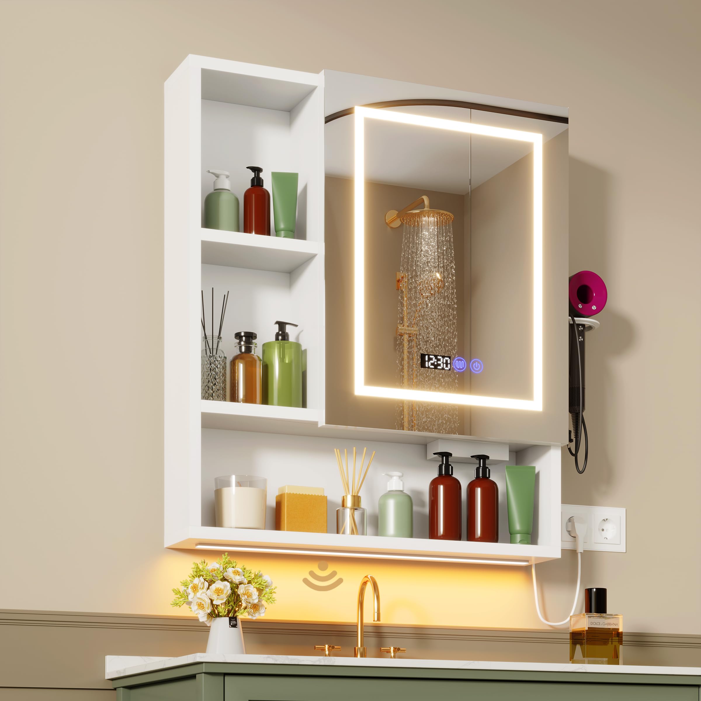Spiegelschrank Bad mit Beleuchtung und Antibeschlag Funktion Hängender Badezimmer Spiegelschrank mit Zeit- und Temperaturanzeige,Steckdose,Haartrocknerständer und 6 Staufächer,70x80x16 cm