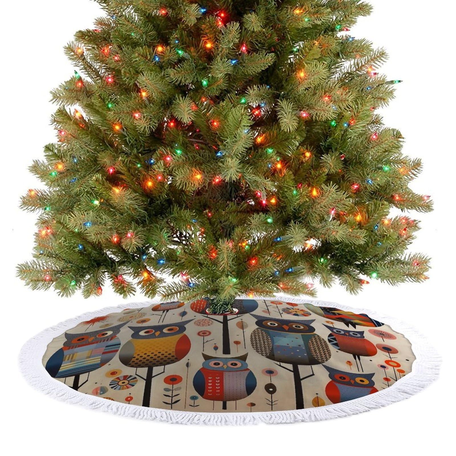 Patchwork Owl Christmas Tree Skirt 48"x48" Rustic Xmas Tree Mat with Tassel Ornament Christmas Trees Cover Skirt Mat for Evergreen Trees Ornament Winter Holiday Mats Decorations
