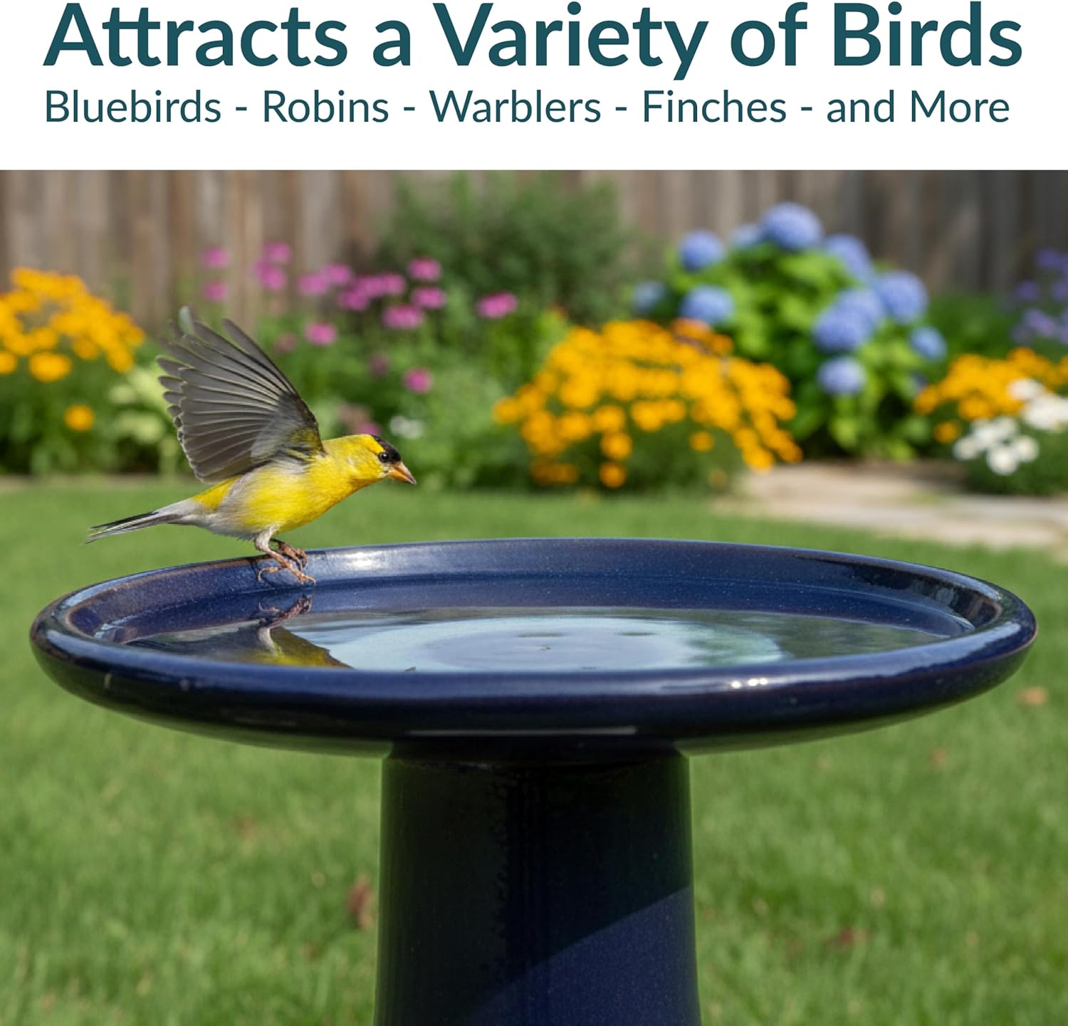 Sunnydaze 21" H Ceramic Bird Bath for Outside - Hand-Painted Outdoor Bird Bath Bowl, UV/Frost-Resistant Finish - Midnight Blue