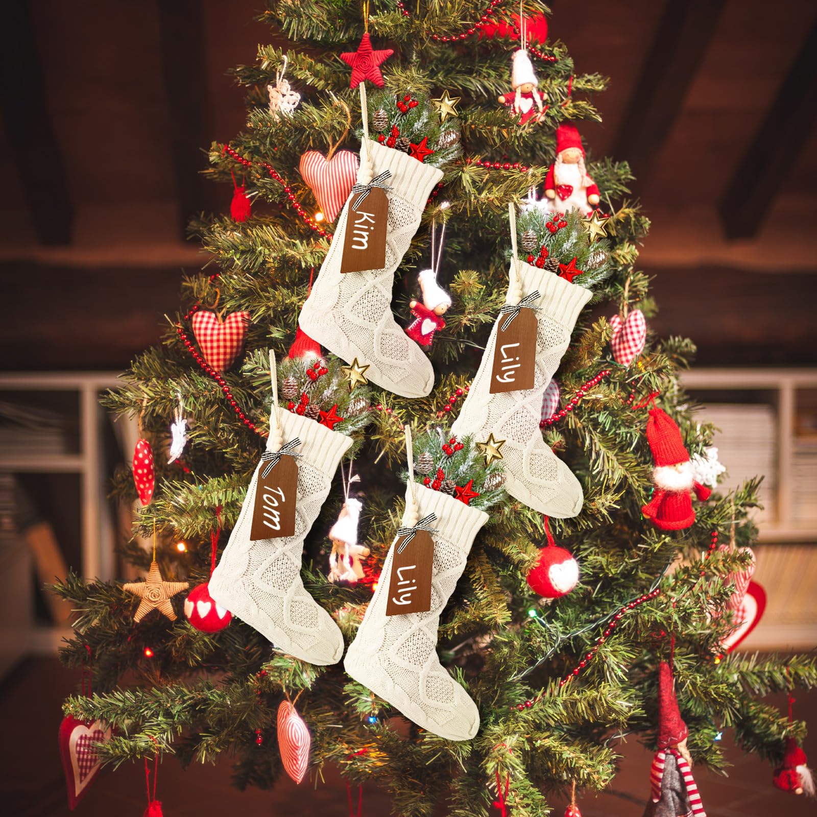 Lot de 8 grandes chaussettes de Noël avec étiquettes nominatives en bois à faire soi-même, 45,7 cm, avec étiquettes de Noël pour décorations de fête de Noël (blanc)