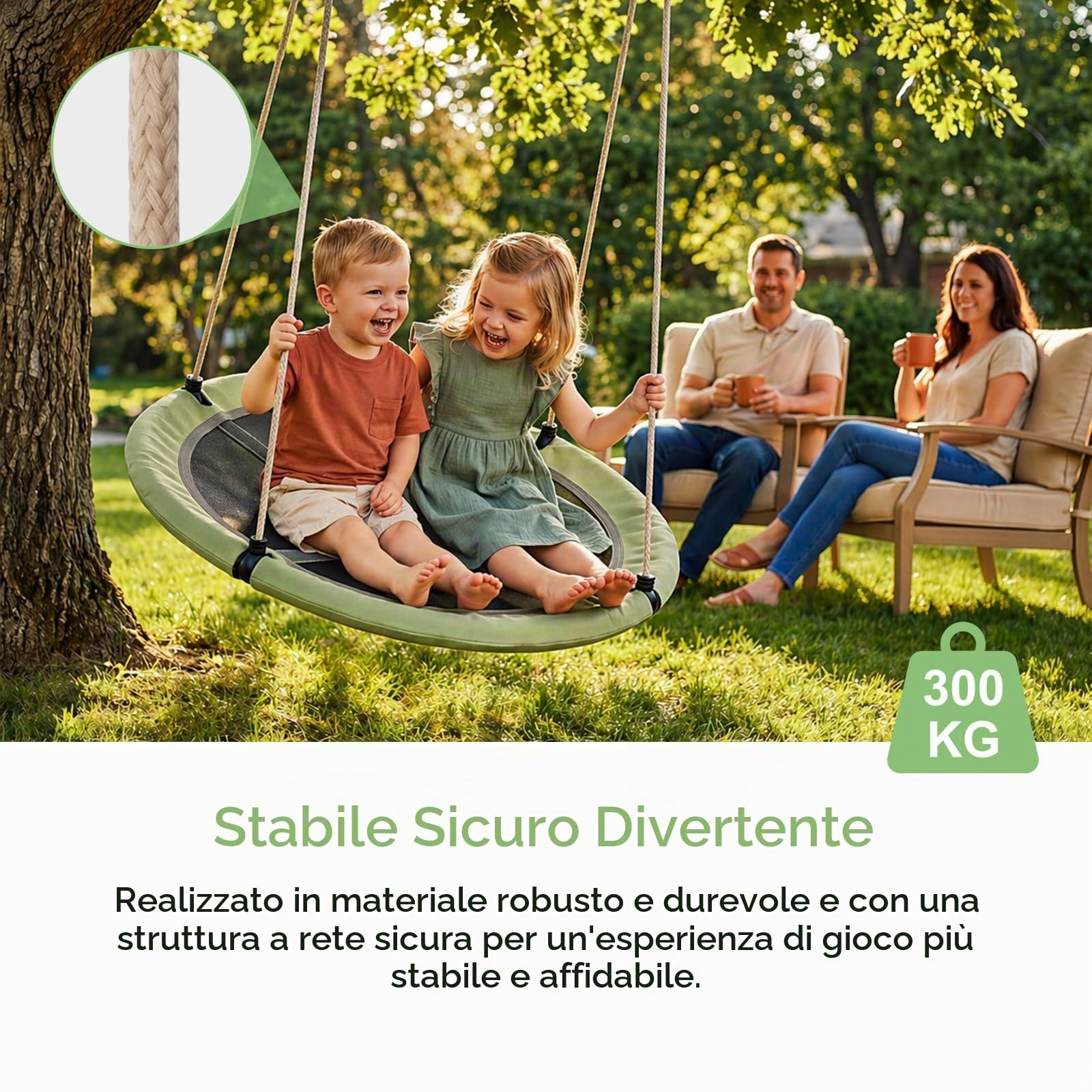 SURFOU Altalena da Giardino 120 cm, Altalena Rotonda a Nido Sospesa per Esterno e Interno, Regolabile, Carico 300 kg, con Cuscino, Giochi da Giardino per Bambini e Adulti, Verde grigiastro