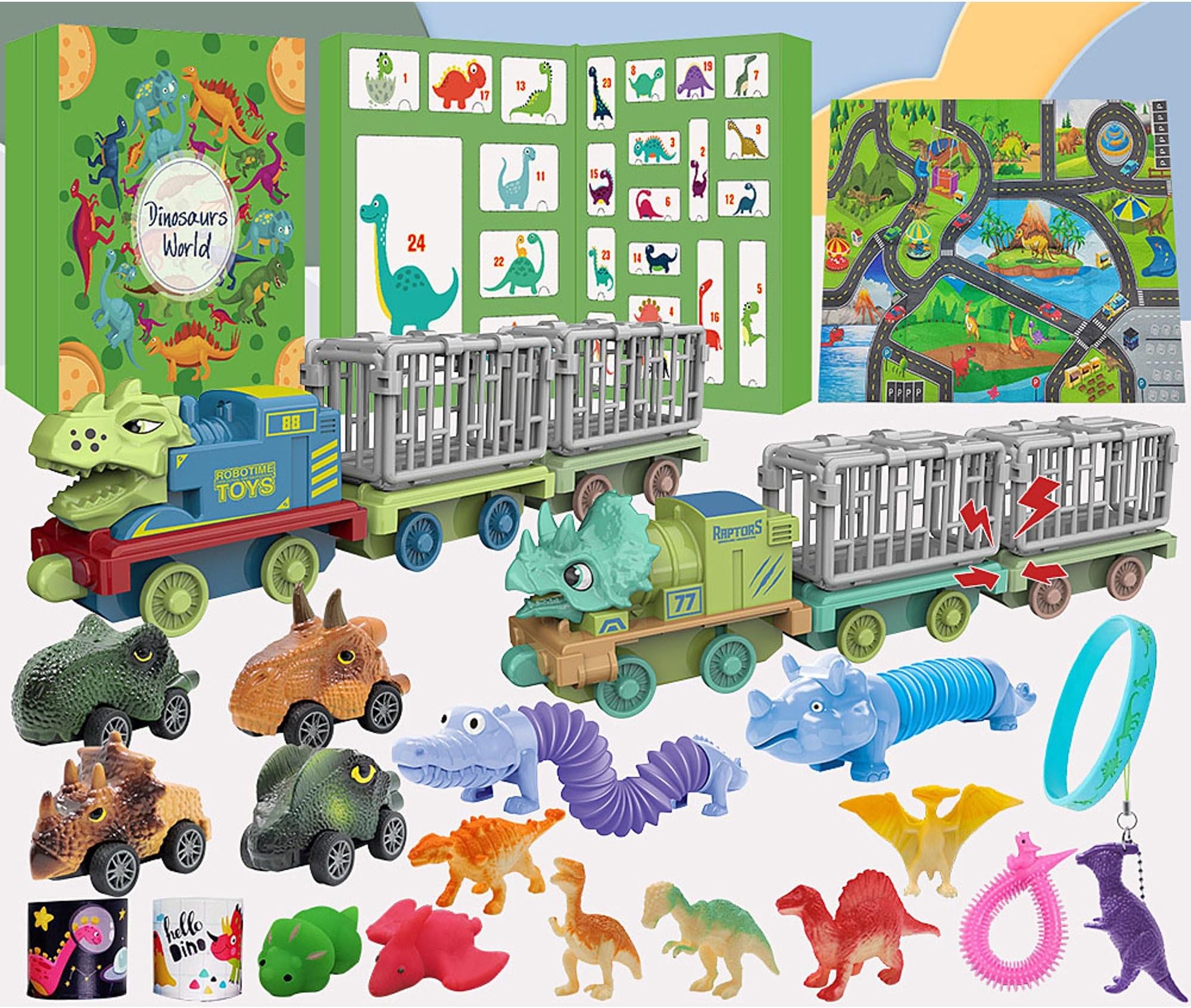 BrainGiggles Dinosaur Toys for Boys and Girls โ 24 Dino Party Favor Surprises โ Educational Dinosaur Gift Box with Toy Figures and Gifts for Kids