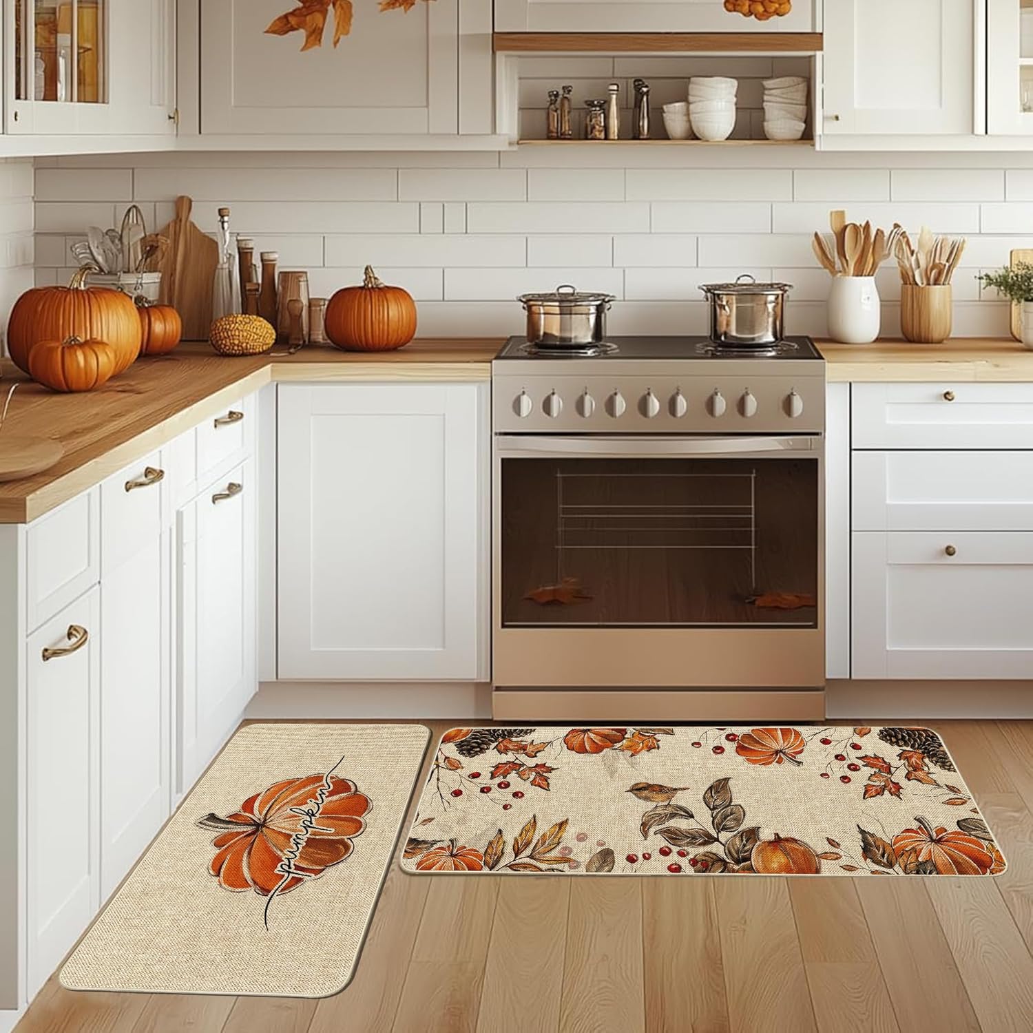 Thanksgiving Harvest Fall Pumpkin Birds Kitchen Mats Set of 2, Autumn Grateful Kitchen Rugs Seasonal Low Profile Floor Mat Farmhouse Non-Slip Runner Home Decor 17x29 and 17x47 Inch