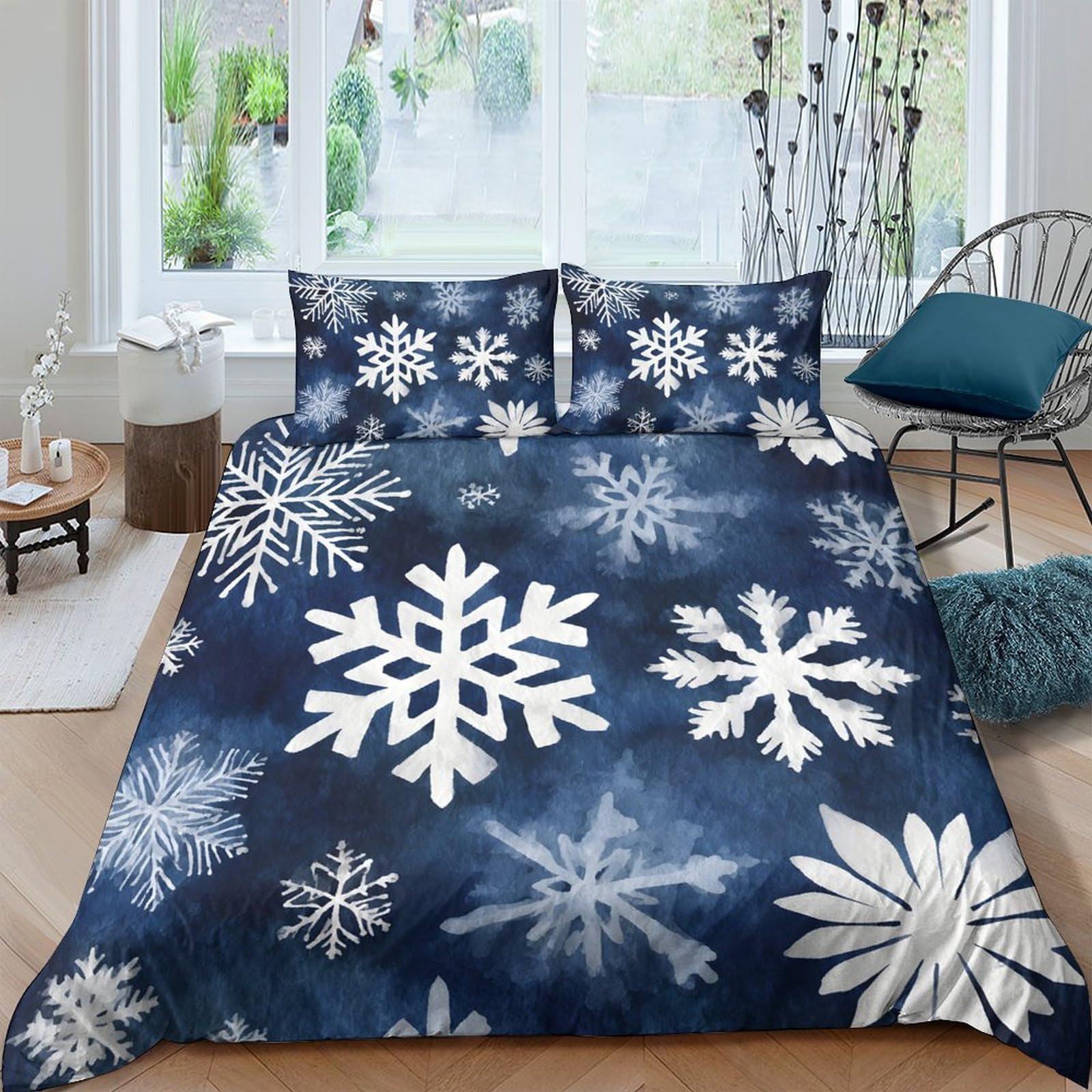 Ctjqhvkz Style-3 3D Printed Snowflake Blue Fitted Sheet Microfiber Anti-Slip Winter Mattress Cover For Bedroom Guest Room Easy Care Single（135X200cm）