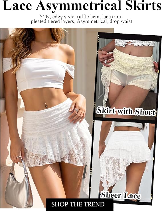 Avidlove Women's Y2K Mini Skirt Ruffle Lace Asymmetrical Flowy Skirt