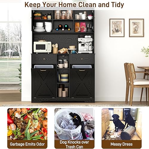 Miniatura 5 de Freestand - Armario de almacenamiento de despensa de cocina de 71 pulgadas de alto y 47 pulgadas de ancho con tomas de corriente, armario de basura