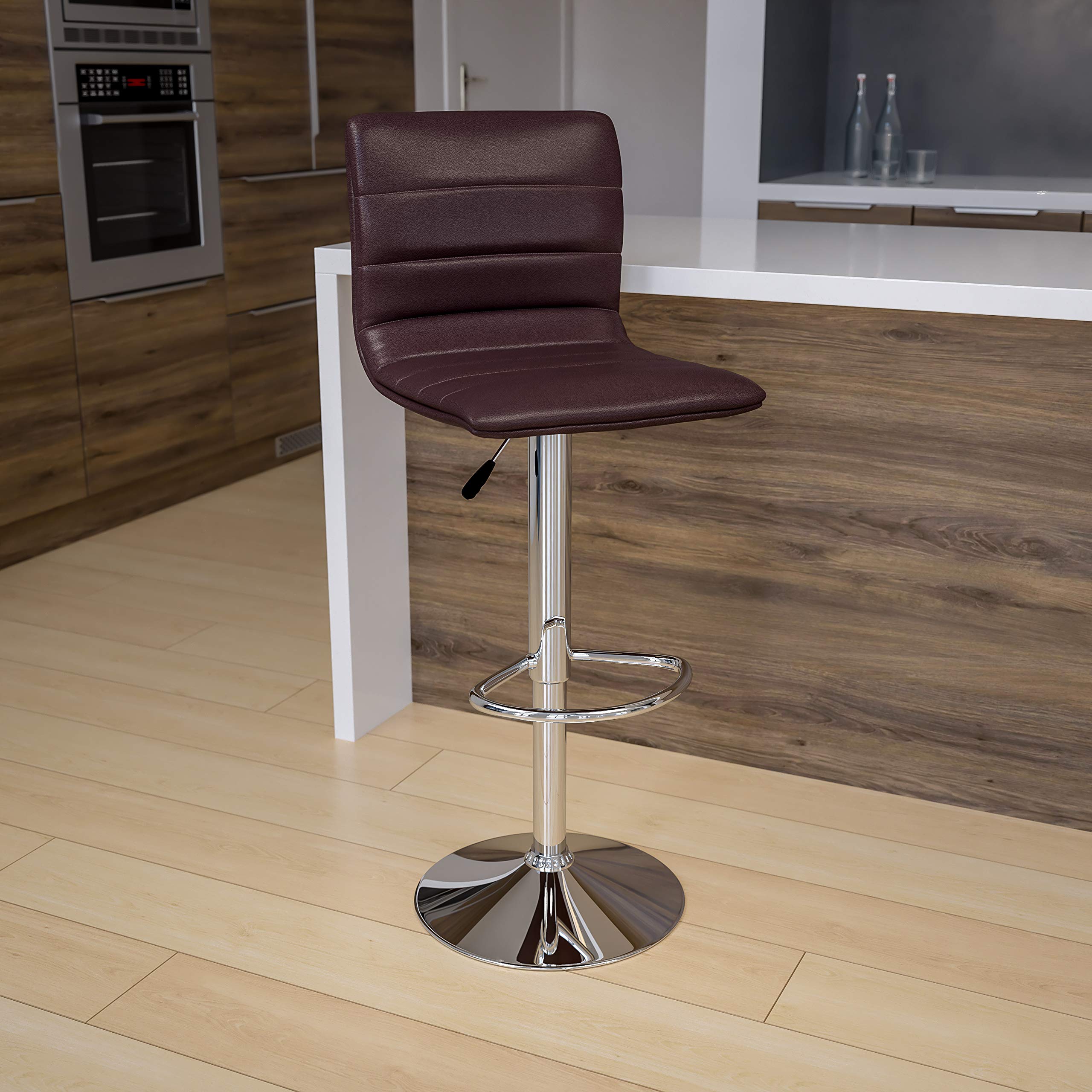 Flash Furniture Modern Brown Vinyl Adjustable Bar Stool with Back, Counter Height Swivel Stool with Chrome-Pedestal Base