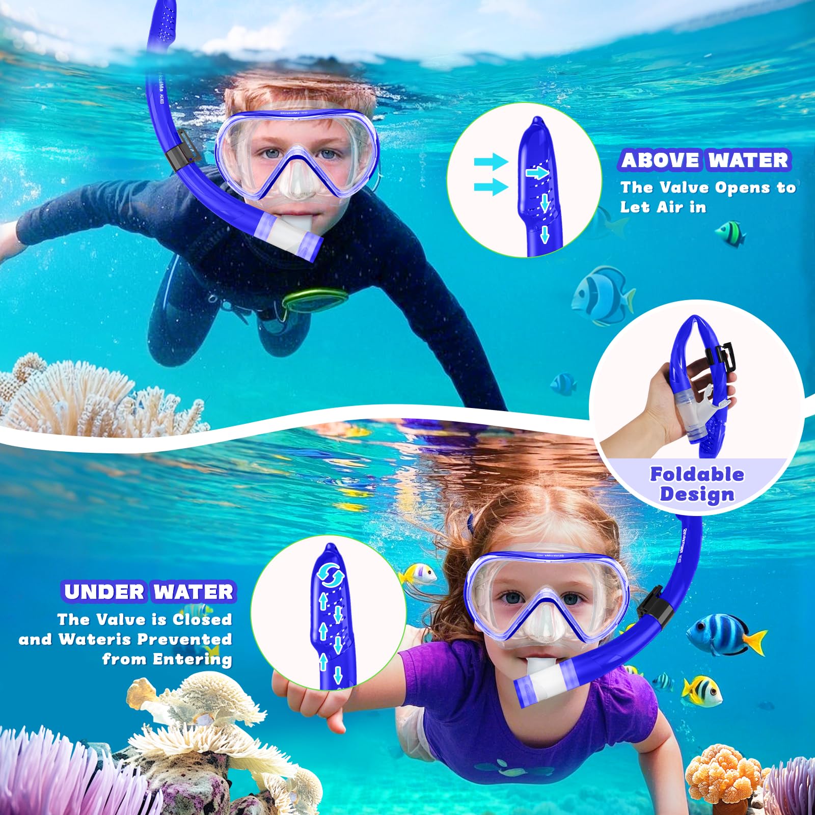 SkrekuiMa Maschera Subacquea Bambini per 4-14 Anni, Set Snorkeling Bambino con Maschera Subacquea e Boccaglio per Snorkeling e Immersioni, Maschera da Sub Antiappannamento e Anti-Perdite