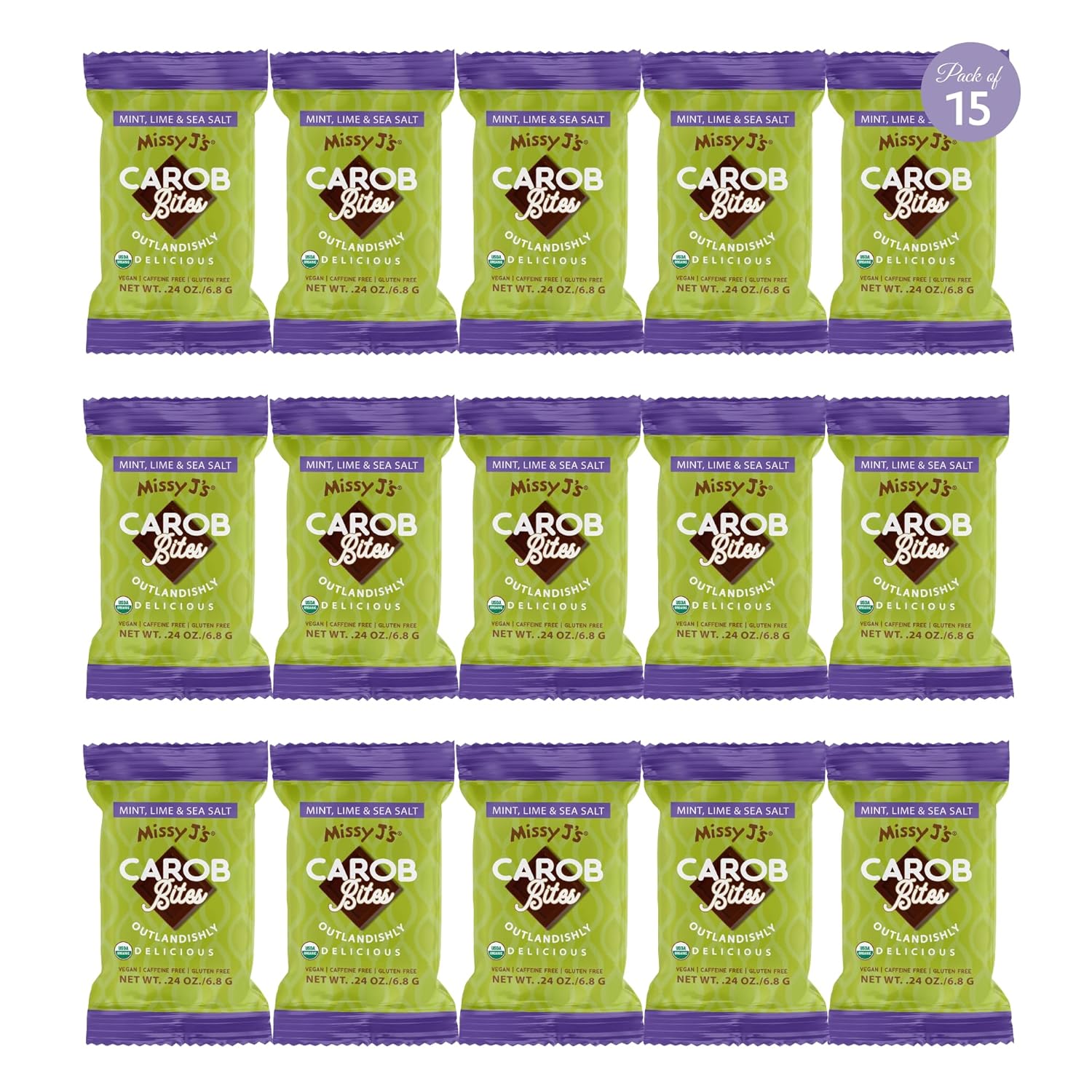 Missy J's Organic 24 Oz Minty Mint Carob Mini Bites 15 Pack | Vegan, Soy and Gluten Free Delicious Carob Bar, Perfect for Snacks and Treats