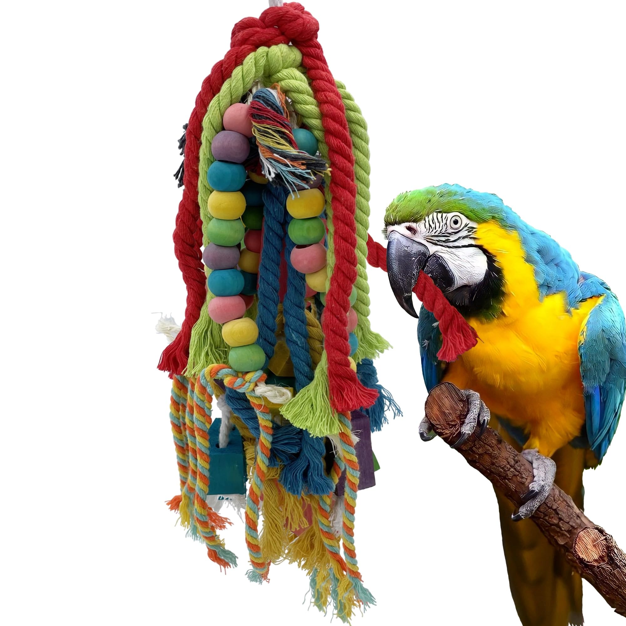 20.5 inch Parrot Chewing Toys - Wooden Block Tearing and Cotton Rope Toys for Medium Large Extra Large Parrot Conures African Grey Amazon Cockatoo and Macaw