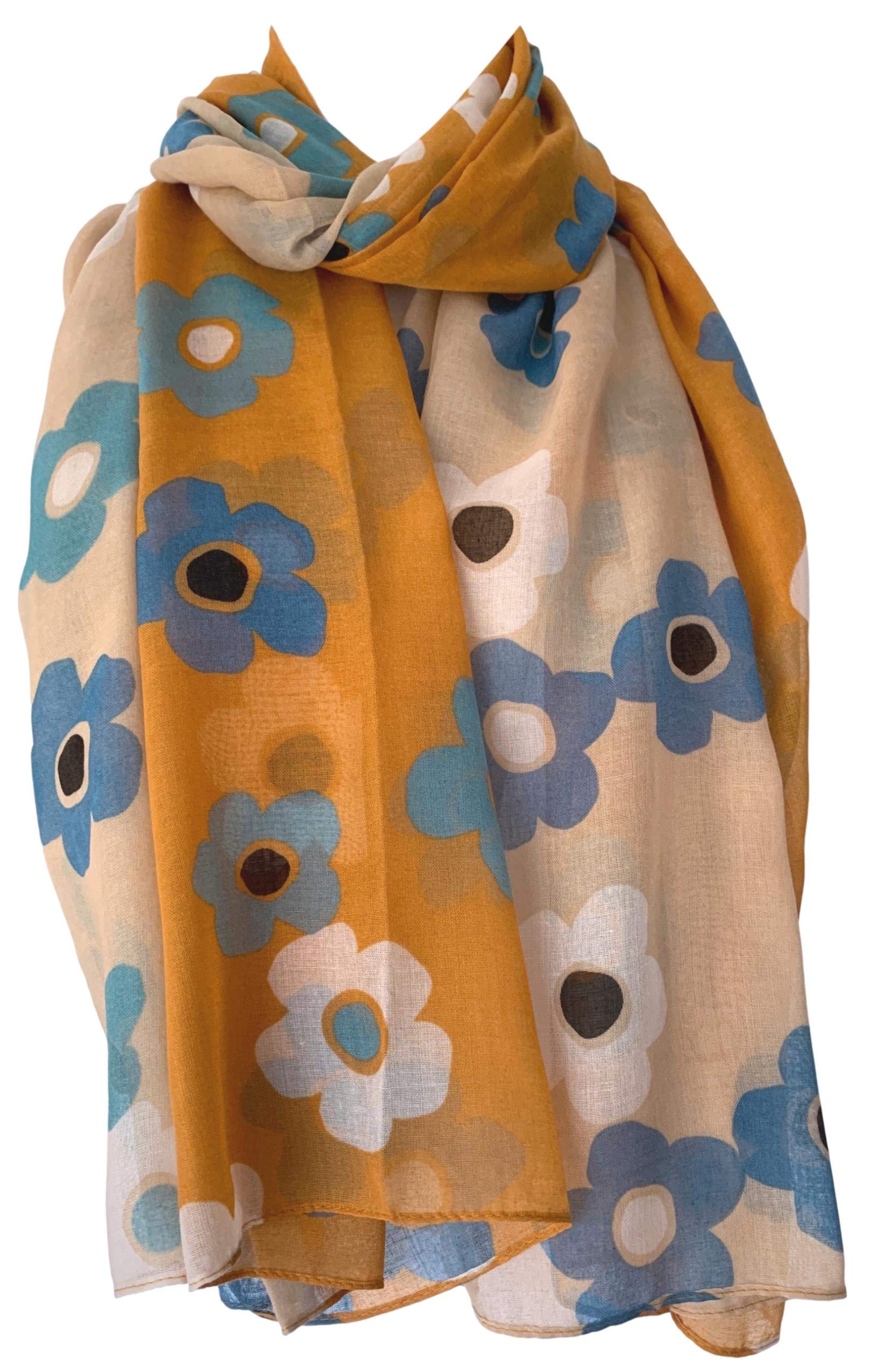 Purple Possum® Floral Scarf Ladies Flower Print Wrap Flowers Lightweight Shawl (Mustard Yellow/Beige)