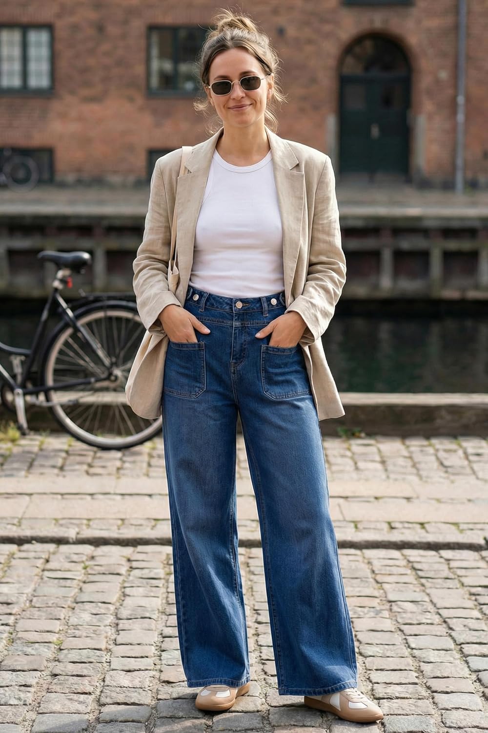 Arach&Cloz Womens Lyocell Cotton Denim Adjustable Waist Stretchy Spring Wide Leg Jeans - Image 4