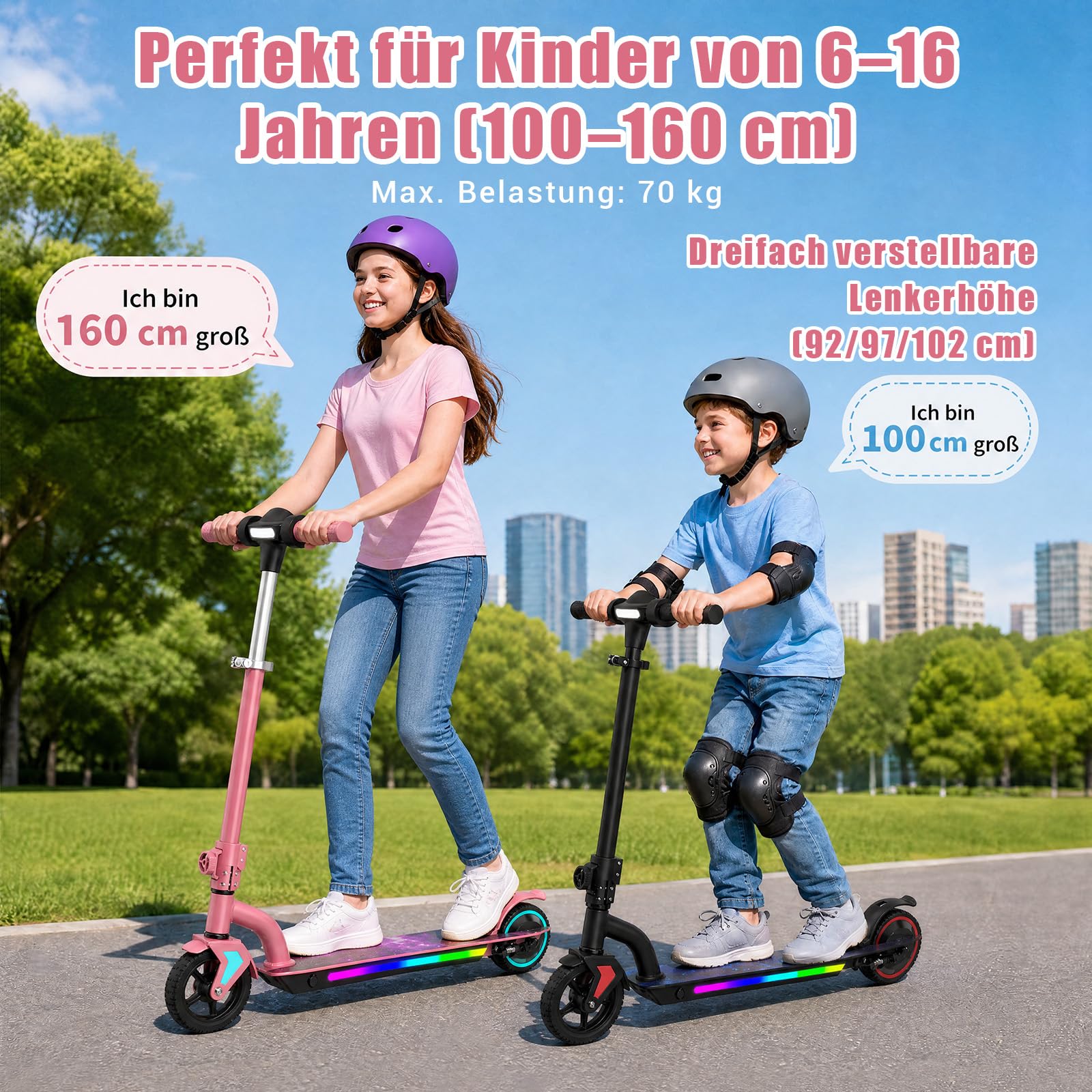 Trottinette électrique pour Enfants âgés de 6 à 16 Ans | 6/10/16 km/h, autonomie max. 16 km, lumières colorées, affichage LED, hauteur réglable, pliable, pour garçons et filles