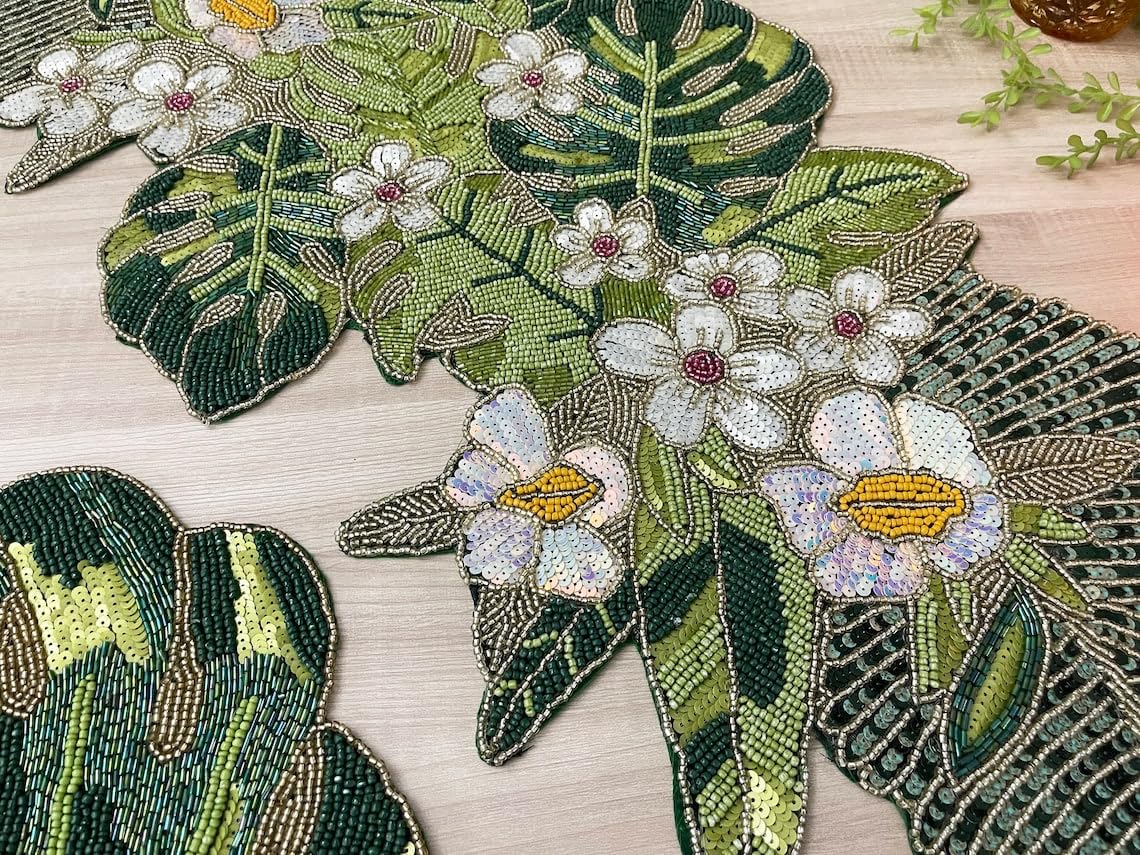 Enliven Chemin de table fait à la main, motif fleurs et feuilles printanières, 33 x 91,4 cm