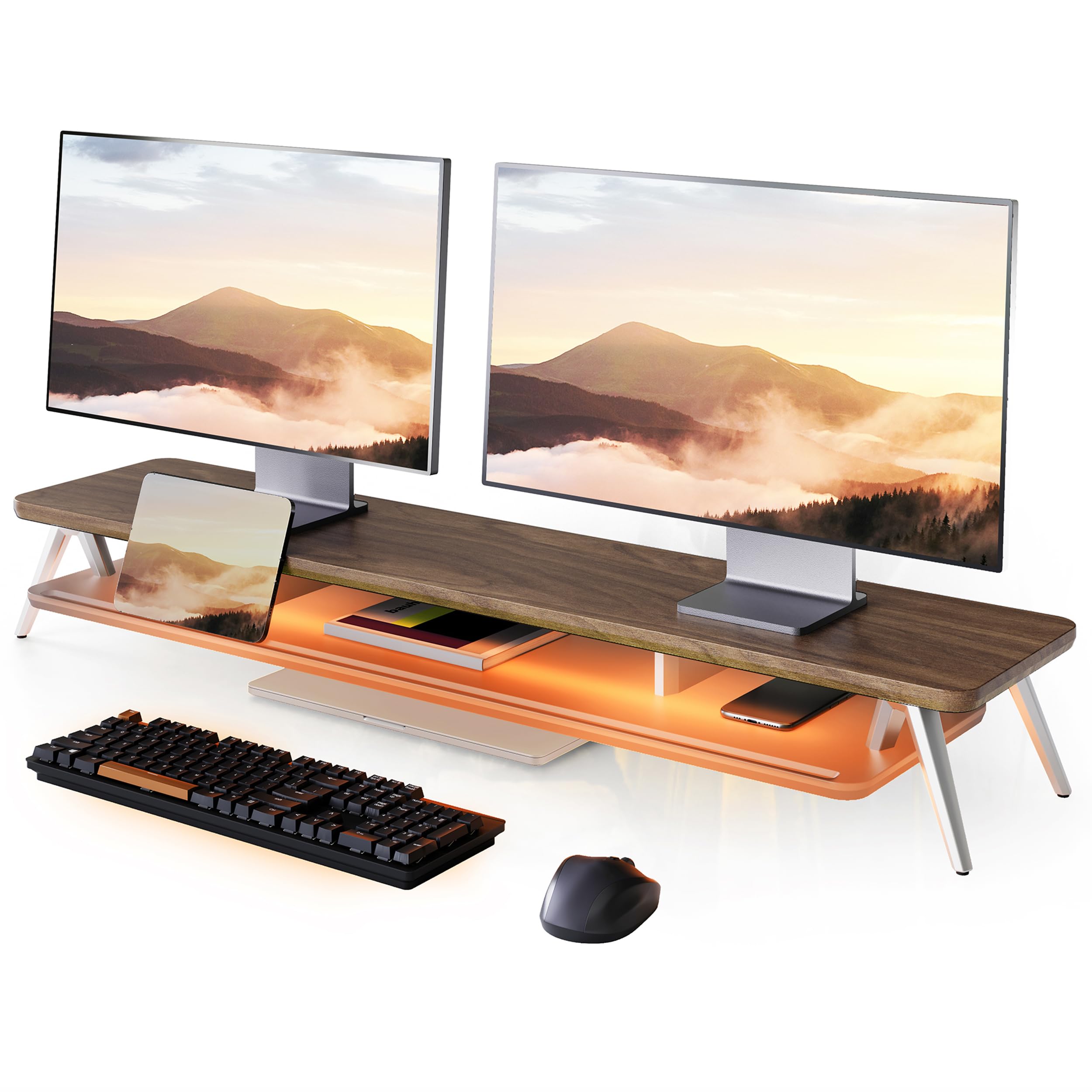 Fenge Monitorständer,108cm, LED-Beleuchtung für Laptop PC TV, Braun | Schaltbare Farben, 2 Geräte, Bis 45kg, Ablagefach für Telefon/Tablet/Stift, Acryl-Ablage, Bildschirm Schreibtisch Büro Home