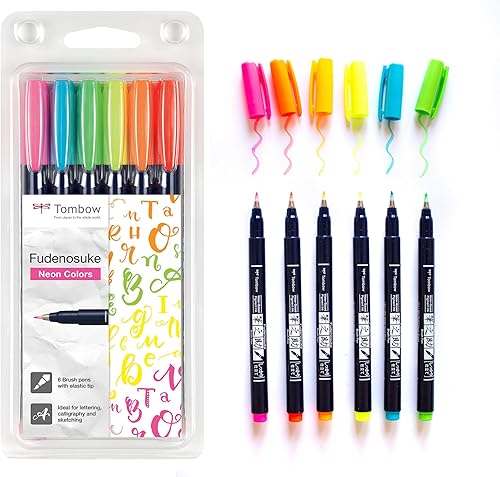 Tombow Fudenosuke - Bolígrafos de punta dura (6 unidades), colores neón