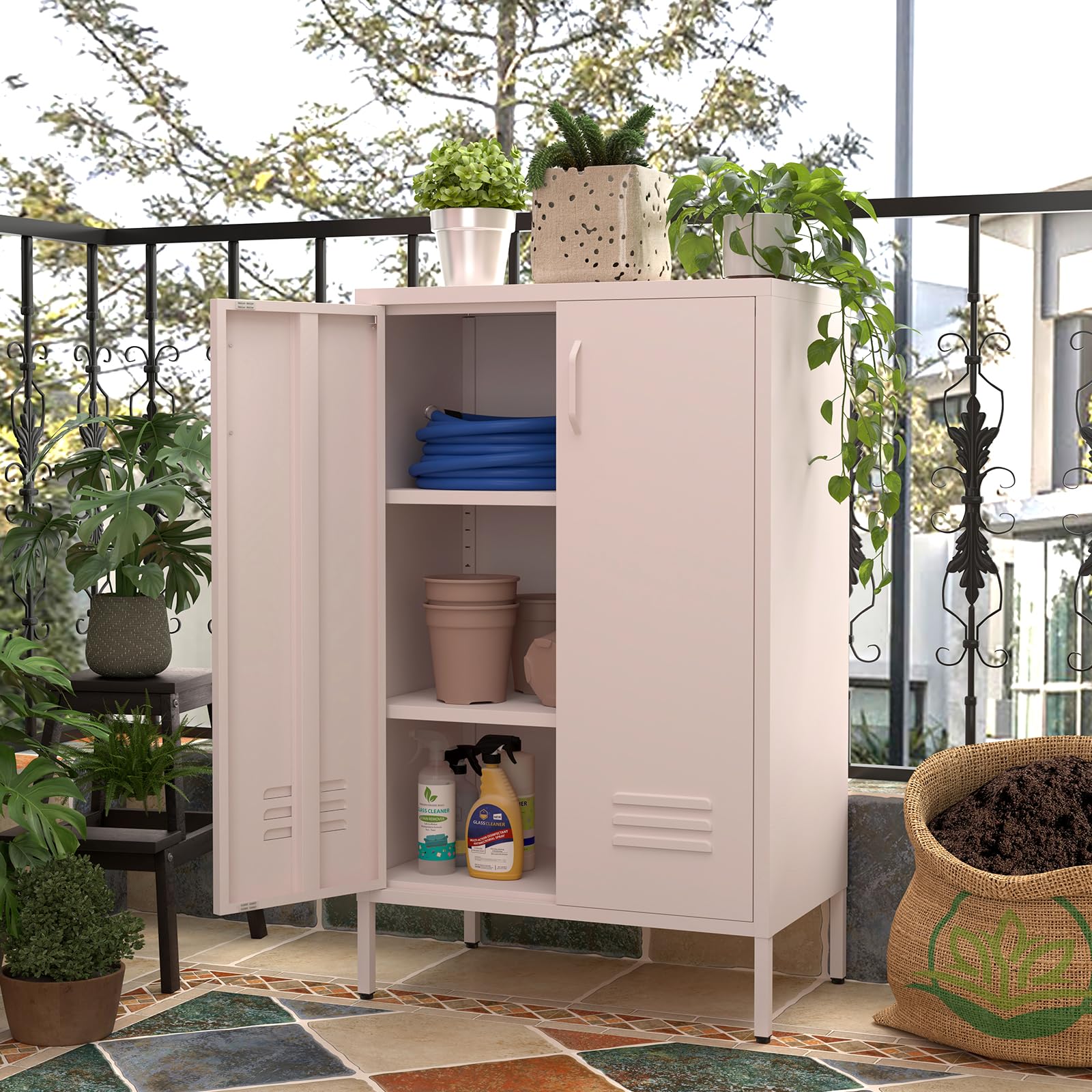 GREATMEET Metall-Lagerungsschrank, Lagerungsschrank mit rosa Akzenten, metallene Speisekammer-Schränke mit Türen, Lagerungsschrank für Wohnzimmer, Küche, Büro