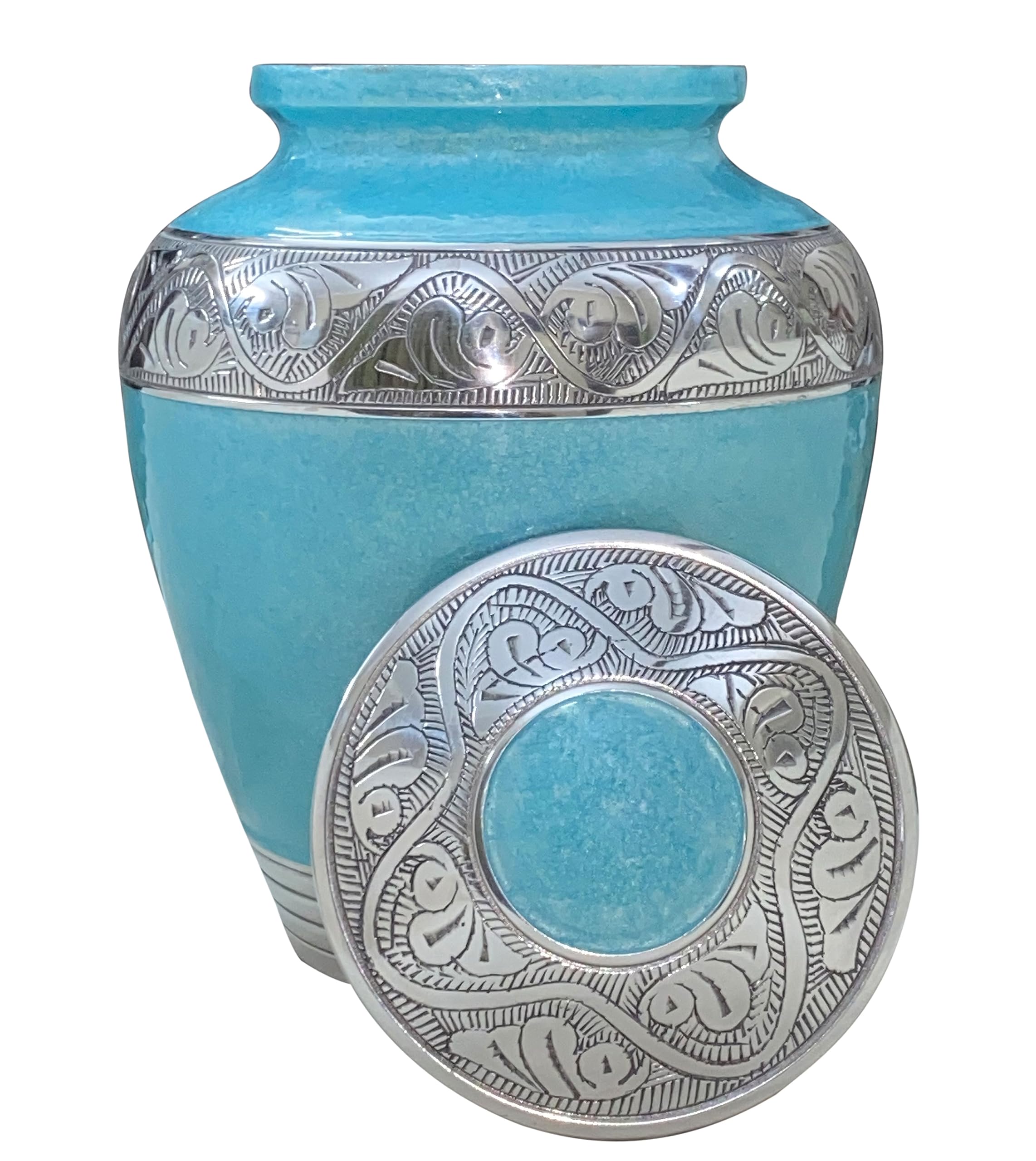 BOLD & DIVINE Turquoise Blue Textured Enamel Adult Cremation Urn | Human Ashes Adult Memorial urn, Burial, Funeral Cremation Urns | Mint 200 Cubic Inches (Large/Adult Urn) with Unique Velvet Bag