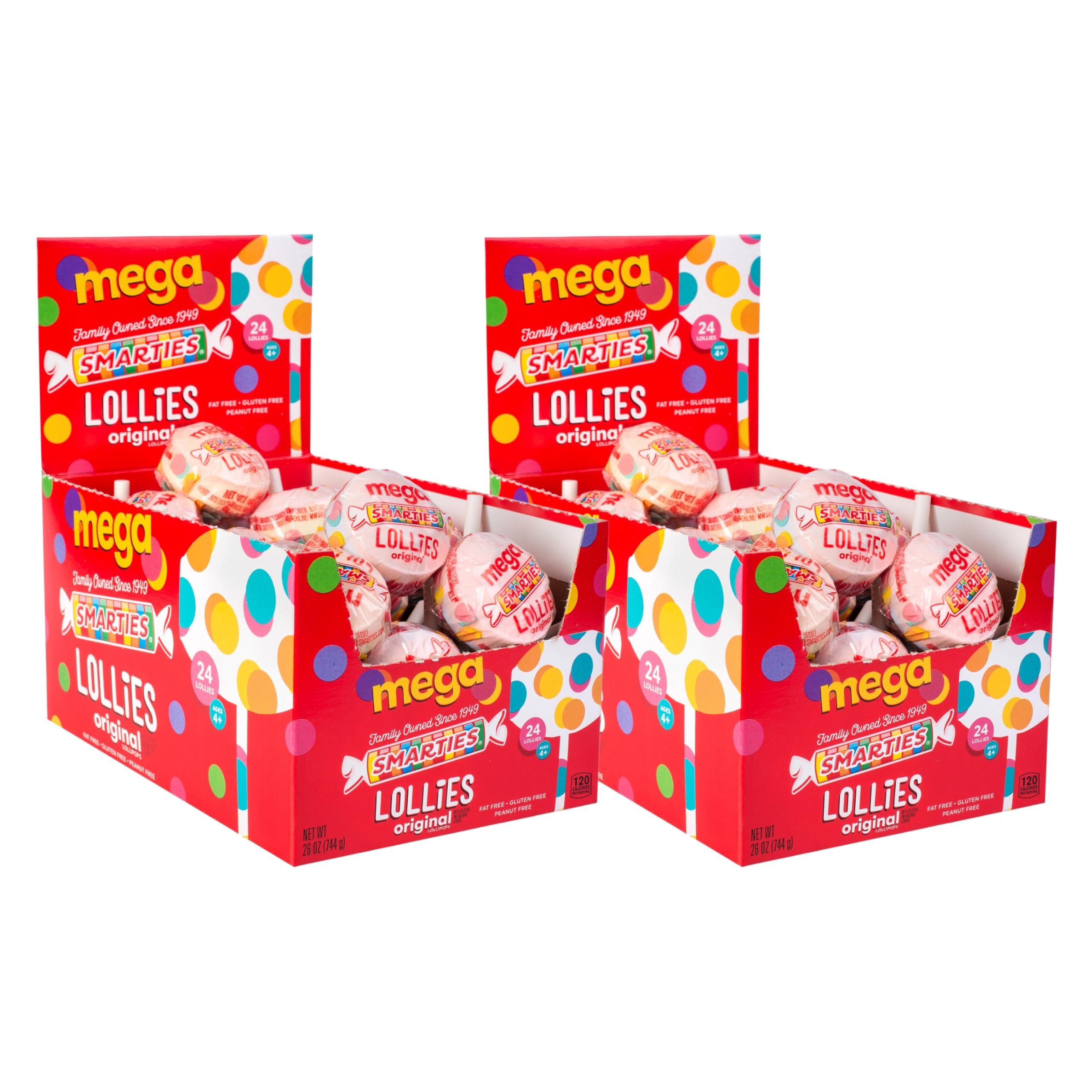 SmartiesDouble Lollies Mega - Gluten Free, Peanut Free, Fat Free Assorted Fruity Flavors Lollipops - Perfect for Birthdays, Parties - Made by US Candy Company Since 1949-24 Count Box (Pack of 2)