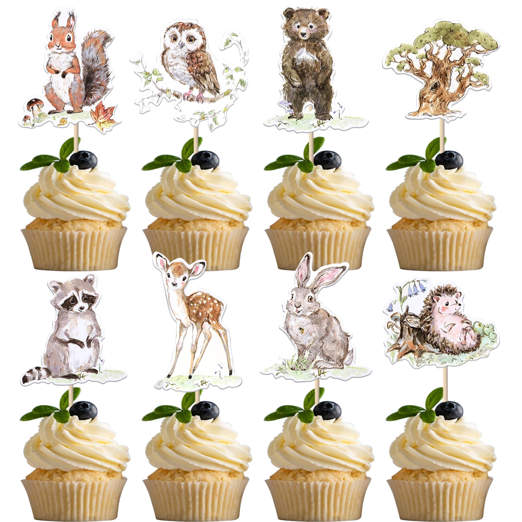 Xsstarmi 40 Pack Jungle Animals Cupcake Toppers Raccoon Hedgehog Owl Rabbit Cupcake Picks Bear Squirrel Deer Forest Cake Decorations for Animals Theme Baby Shower Birthday Party Supplies