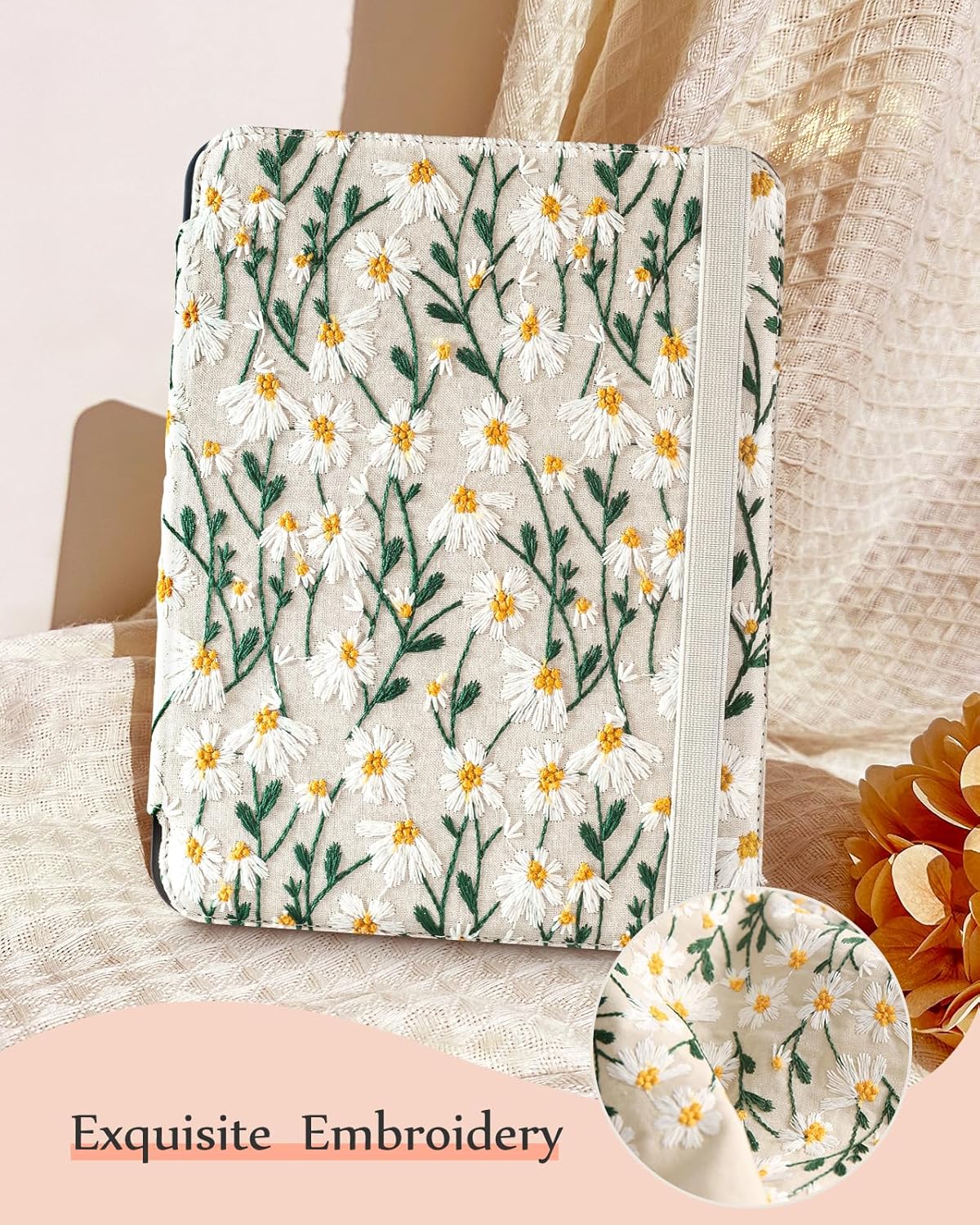 for iPad Air 13 Inch Case M3 2025/M2 2024, for iPad Pro 12.9 Case 6th/5th/4th/3rd Gen - Women Girls Cute Embroidered Folio Stand Cover with Pencil Holder & Card Slot Girly White Daisy Flowers - Image 3