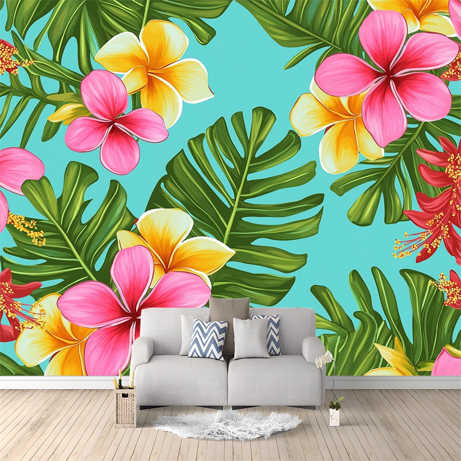 Tapeta jasnoniebieska, tapeta z włókniny, akwarela, botaniczne tropikalne kwiaty, wodoodporny papier kontaktowy do domowej szafki i dekoracji, tapeta 250 x 175 cm do salonu, sypialni, kuchni,