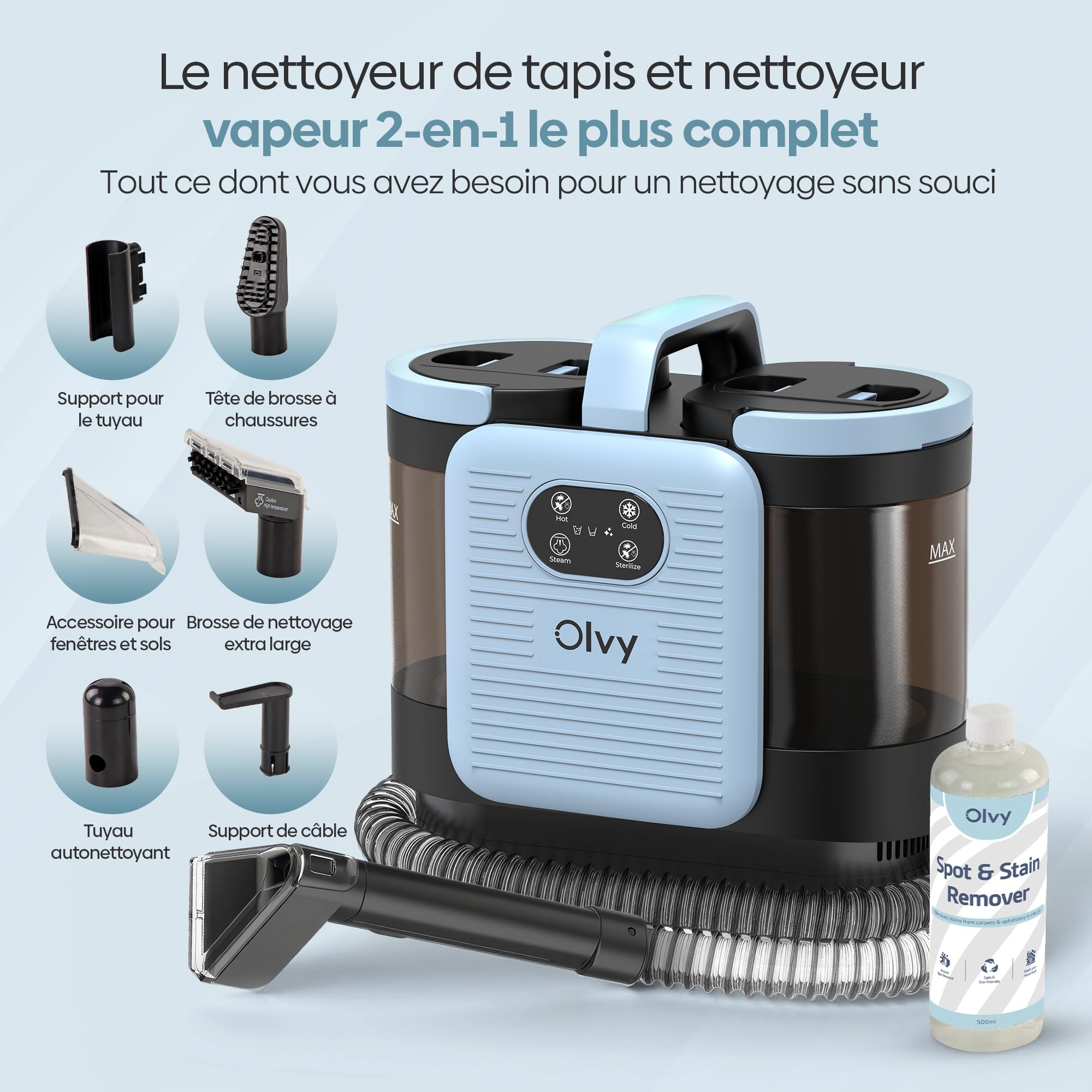 Olvy Nettoyeur de Tapis PRO – Aspirateur Injecteur-Extracteur avec Fonction Vapeur – Nettoyeur à Vapeur 100°C – Appareil Nettoyeur de Canapé – Nettoyeur de Tapis Humide – avec Détergent – 1650W – Nett
