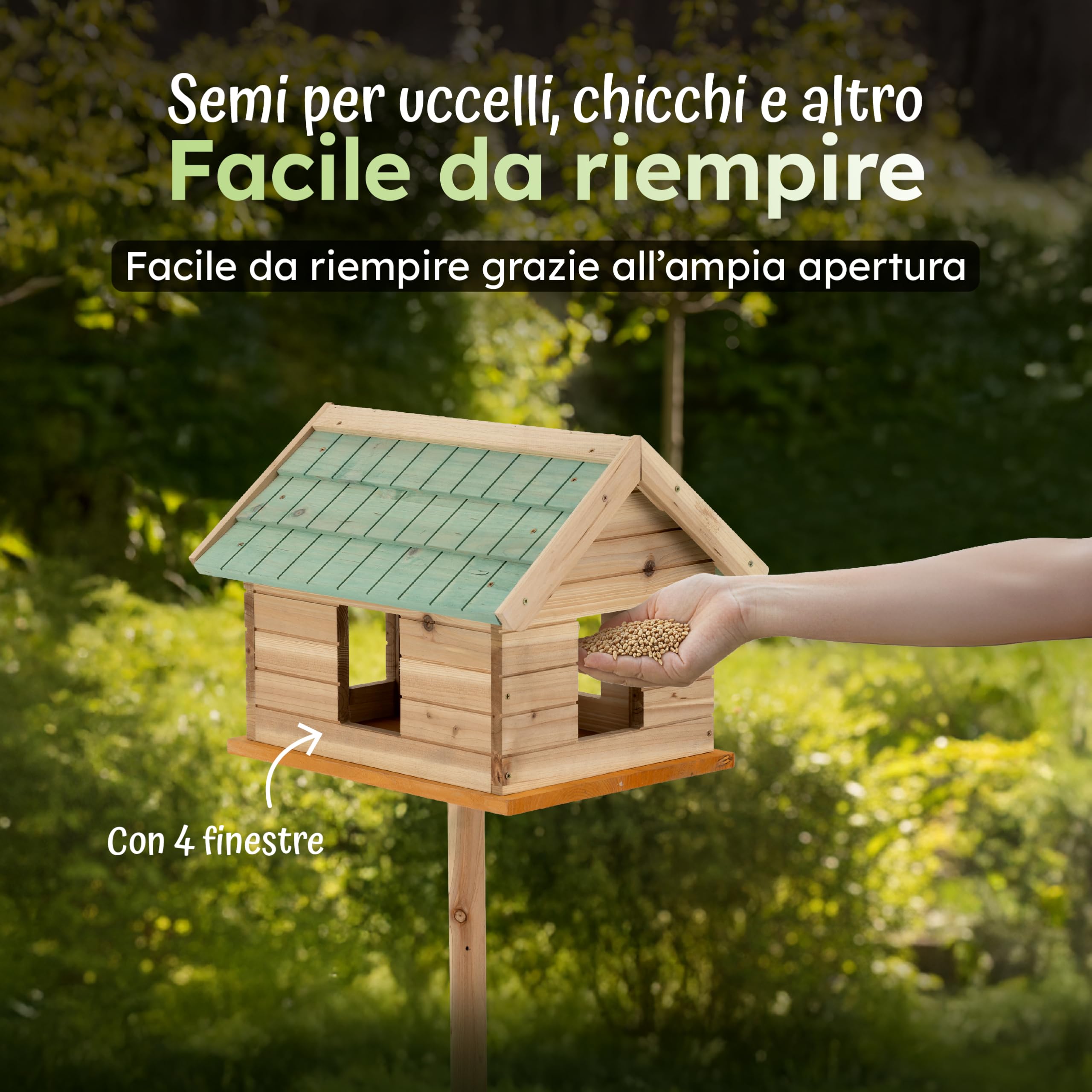 Moorland Casa per Uccelli con Finestre e Supporto in Legno di Abete FSC® | 135cm mangimatoia chiusa tetto verde in tegole casetta per tutto l'anno Esterno mangiatoia giardino VH2