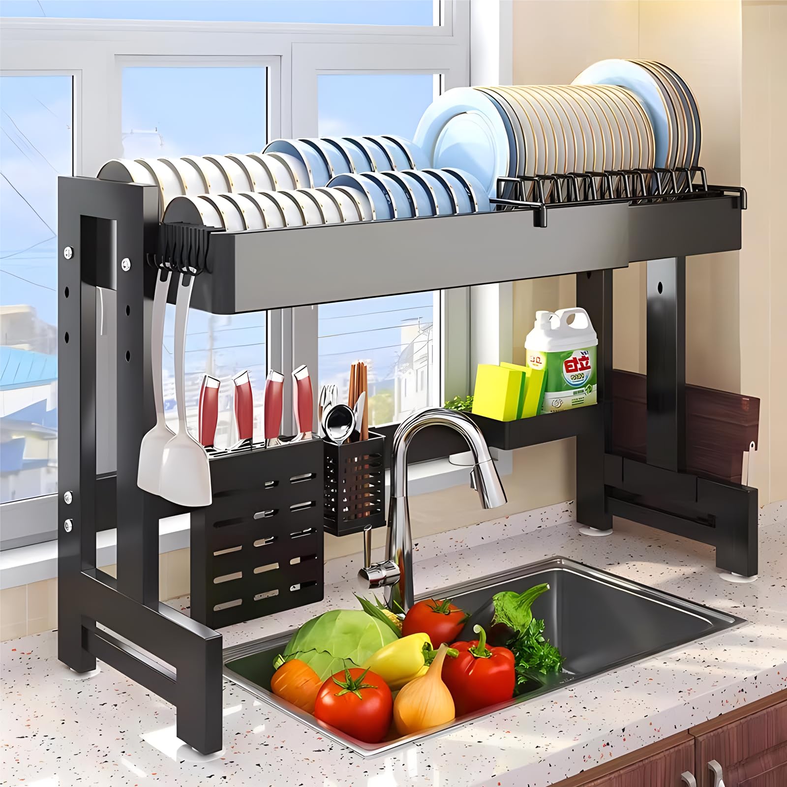 NBLE Over The Sink Dish Drying Stand Adjustable 64-100 Cm Length,2 Tier Extra Heavy Duty Dish Rack,Over The Counter Dish Drying Rack for Kitchen Sink Shelf with Drip Tray & Cutlery Basket